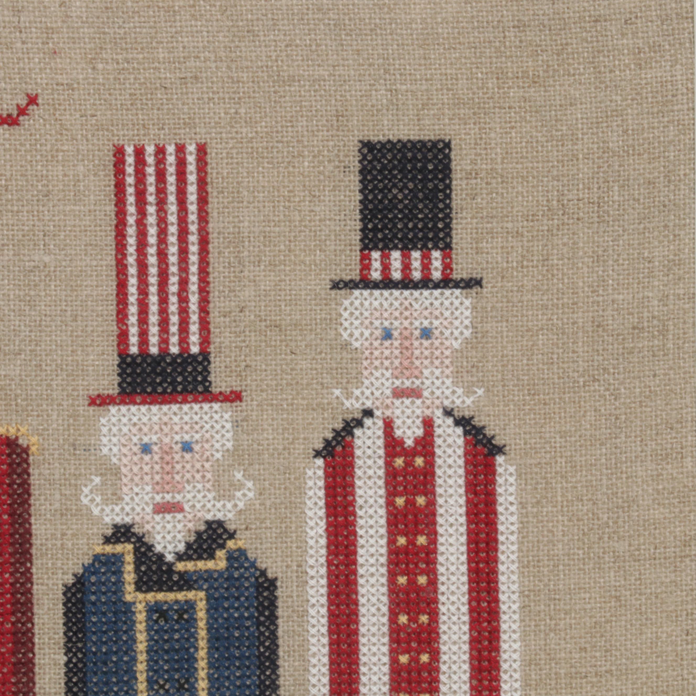 Patriotic Handmade Embroidery and Folk Art Cross-Stitch Panels, Late 20th C