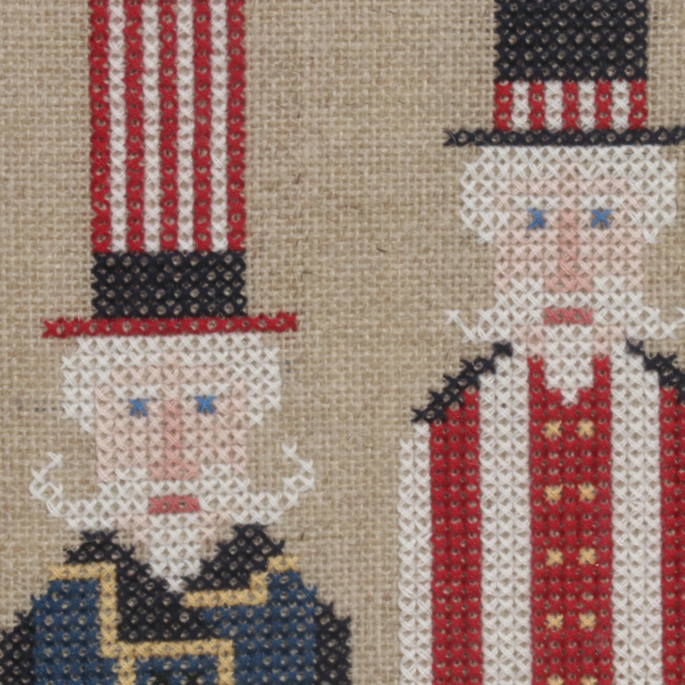 Patriotic Handmade Embroidery and Folk Art Cross-Stitch Panels, Late 20th C