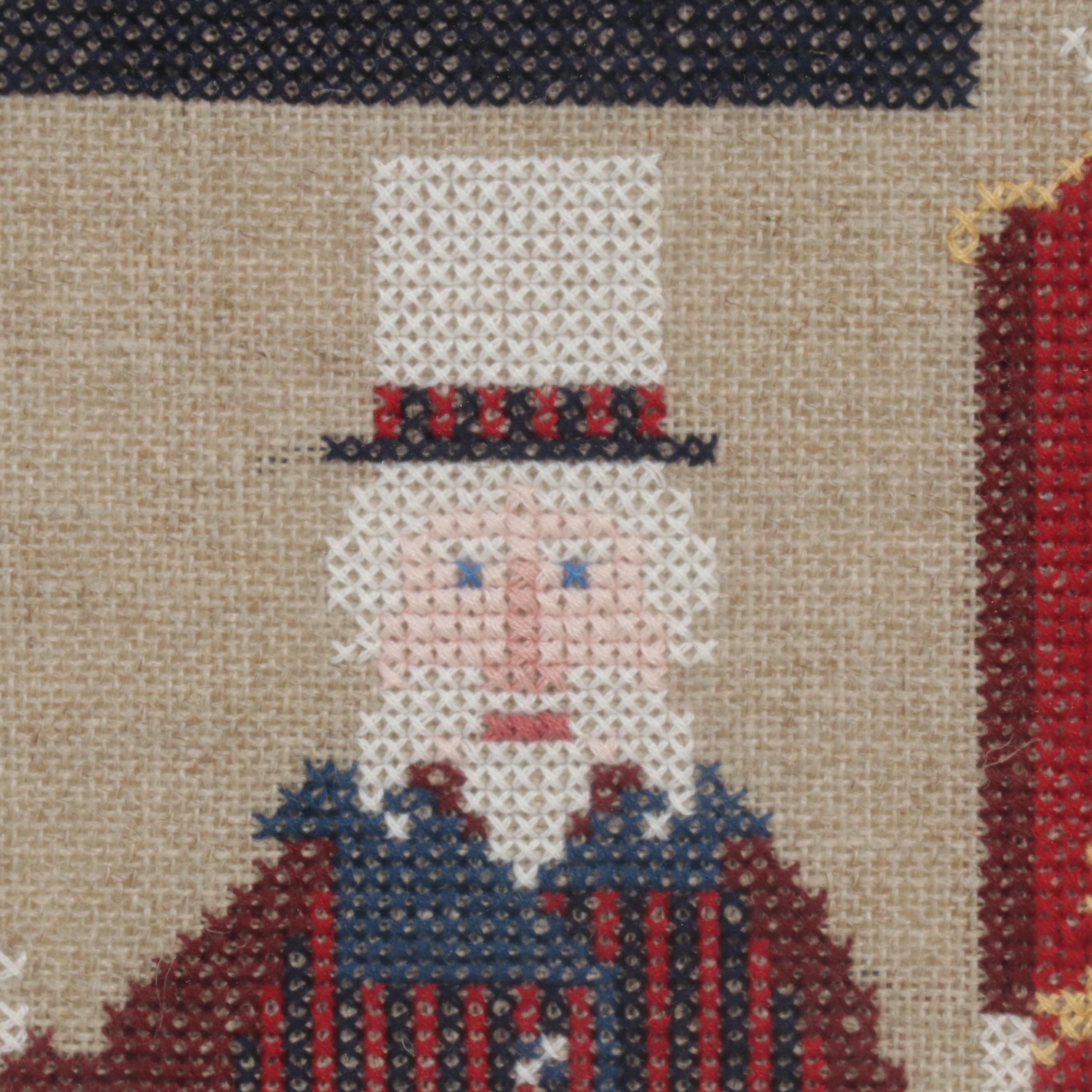 Patriotic Handmade Embroidery and Folk Art Cross-Stitch Panels, Late 20th C