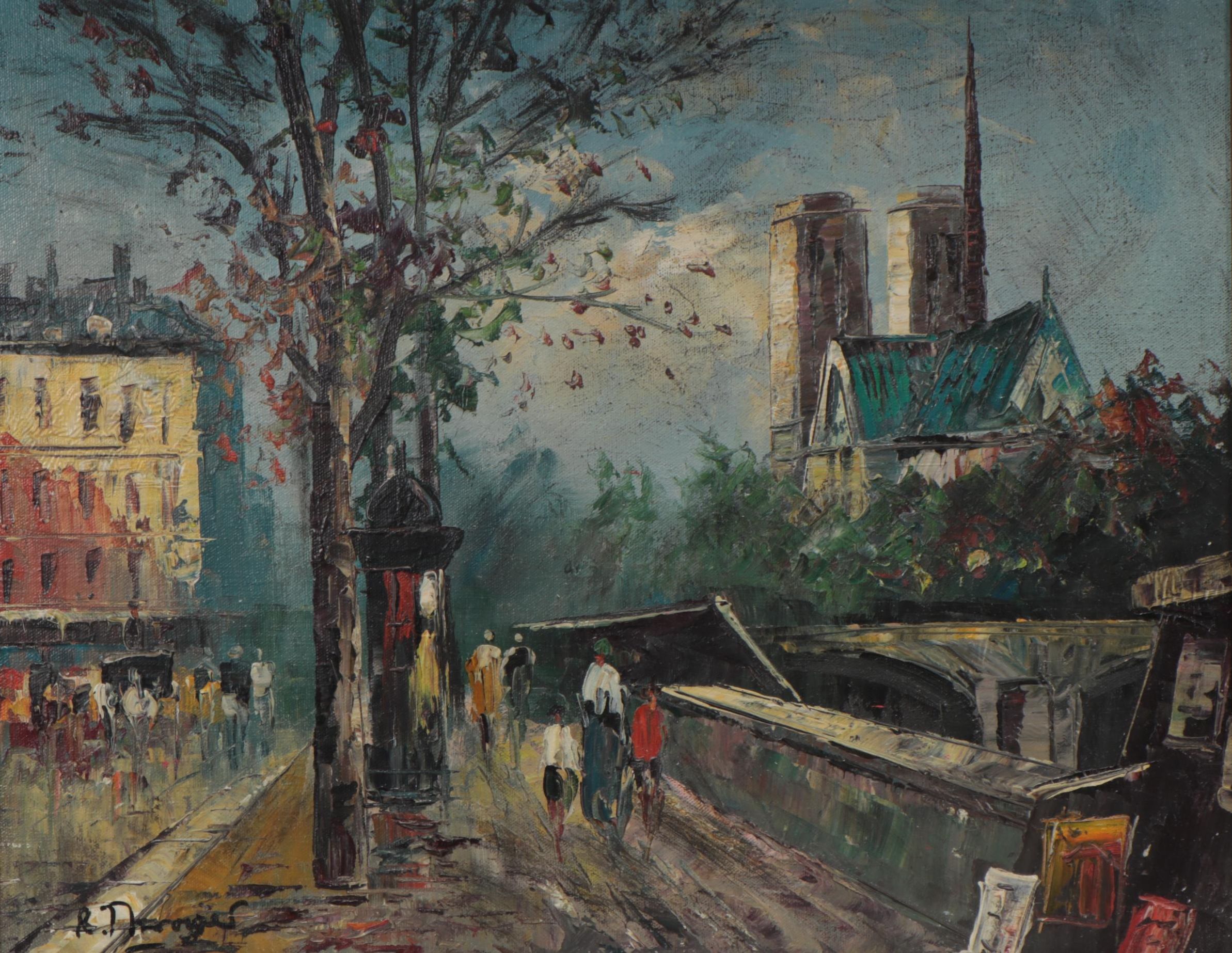 R. Thrower Oil Painting of Parisian Street Scene, Late 20th Century