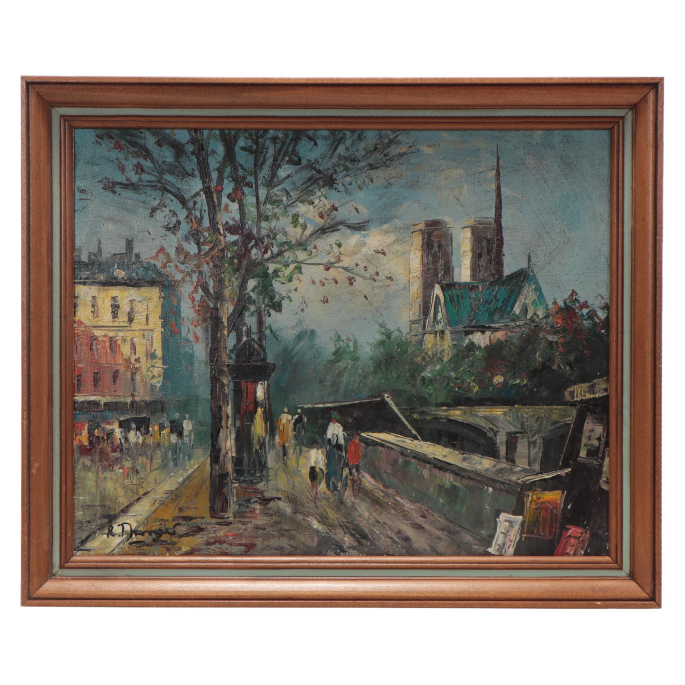 R. Thrower Oil Painting of Parisian Street Scene, Late 20th Century