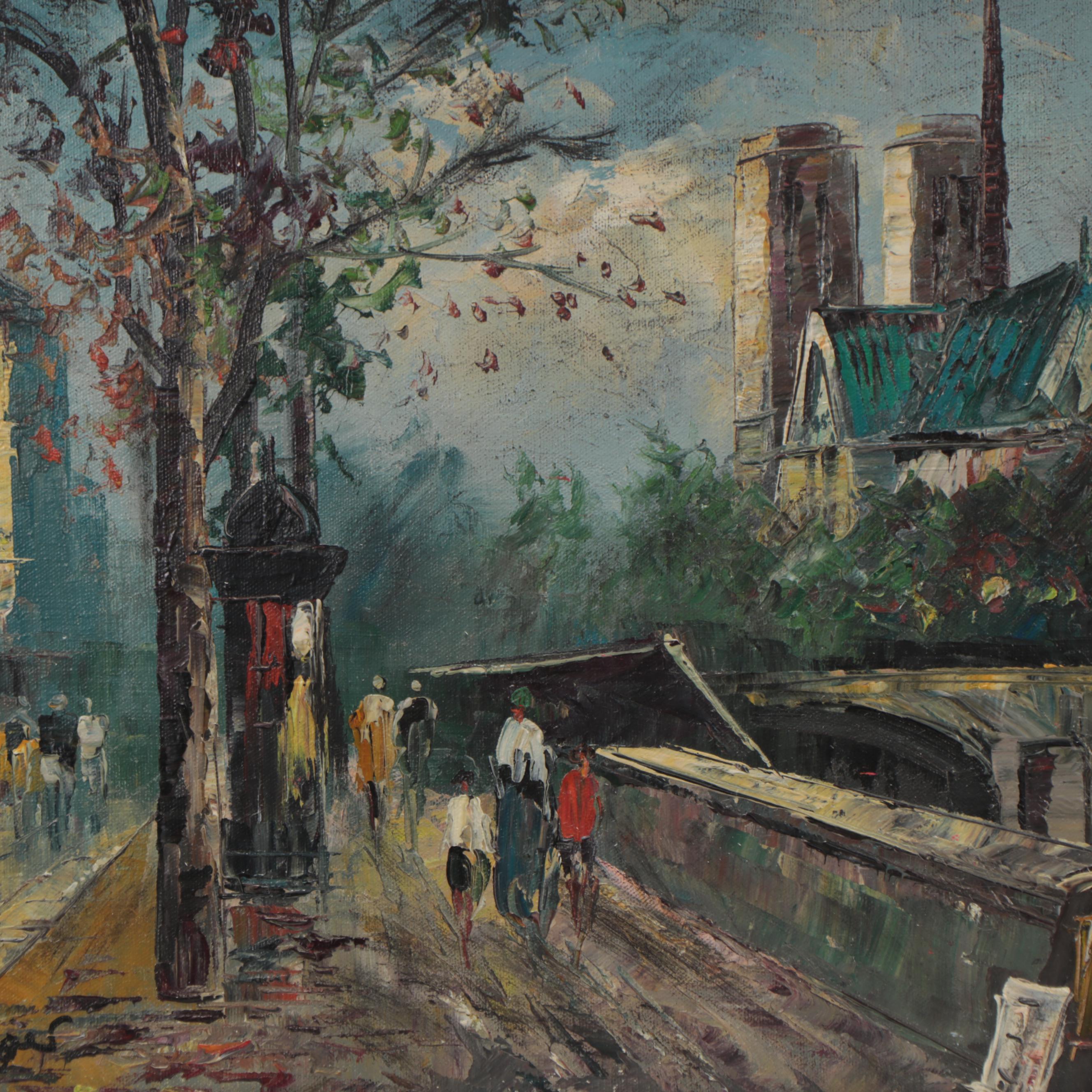 R. Thrower Oil Painting of Parisian Street Scene, Late 20th Century