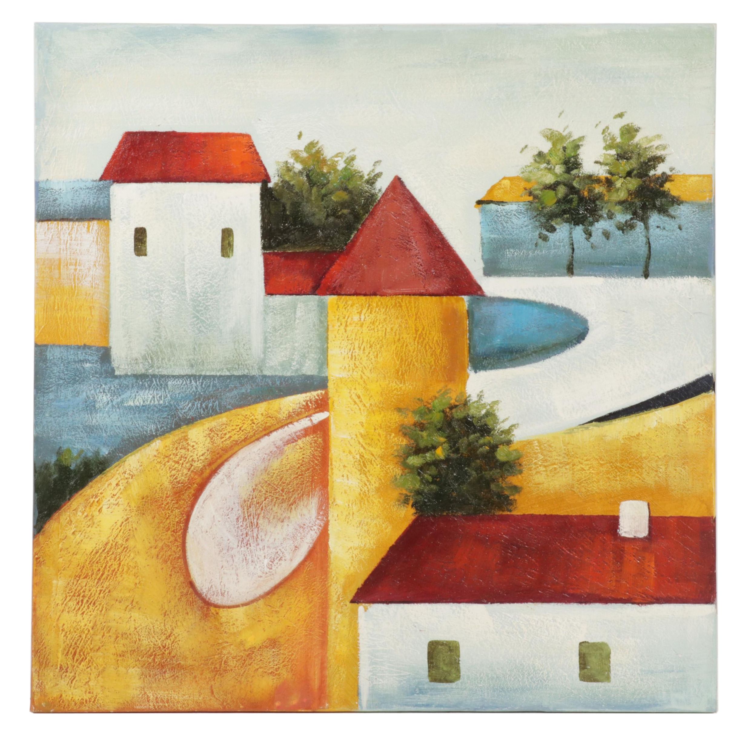 Folk Art Acrylic Painting of Village Street Scene, Circa 2000