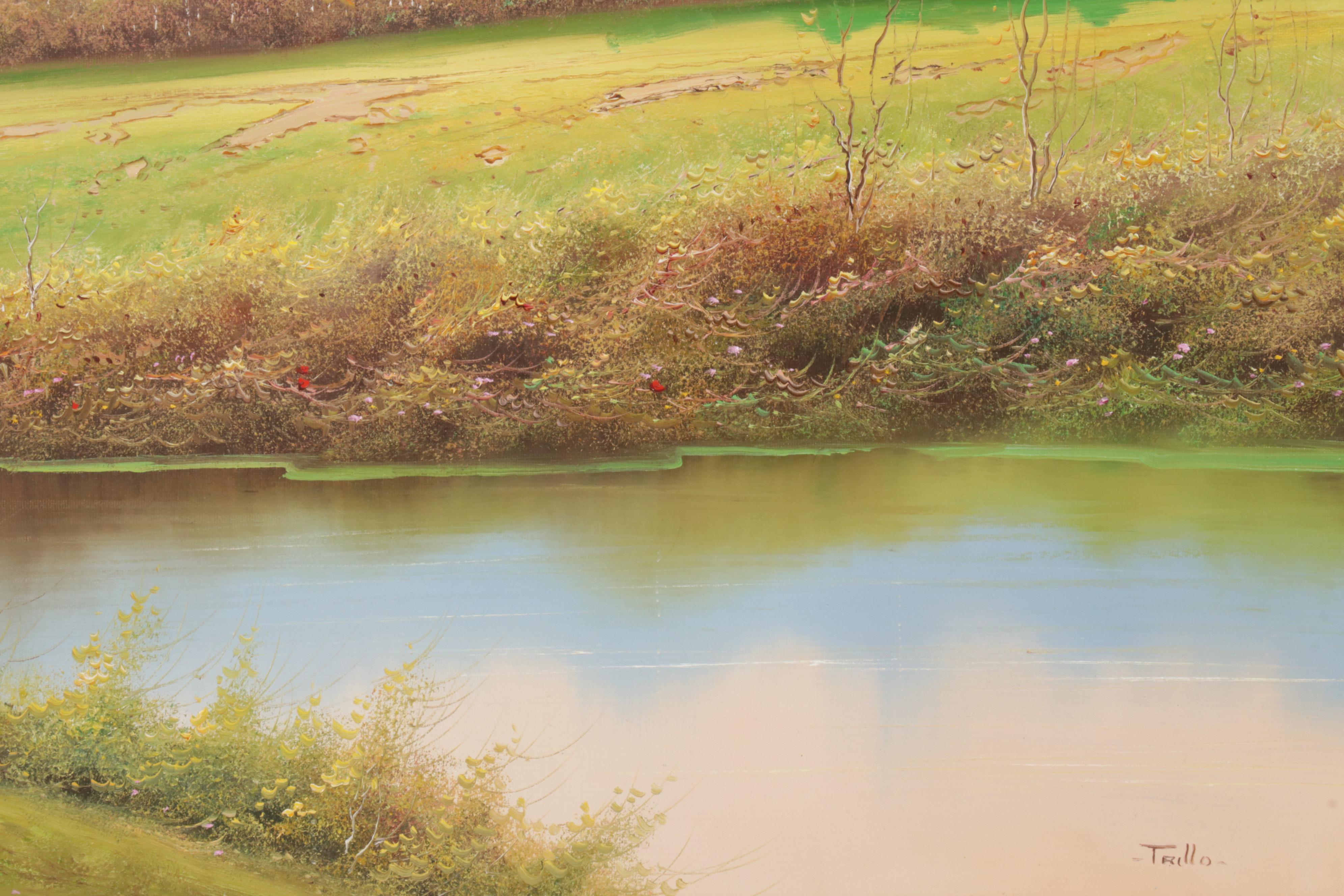 Trillo Landscape Oil Painting of Pastoral Pond, 21st Century