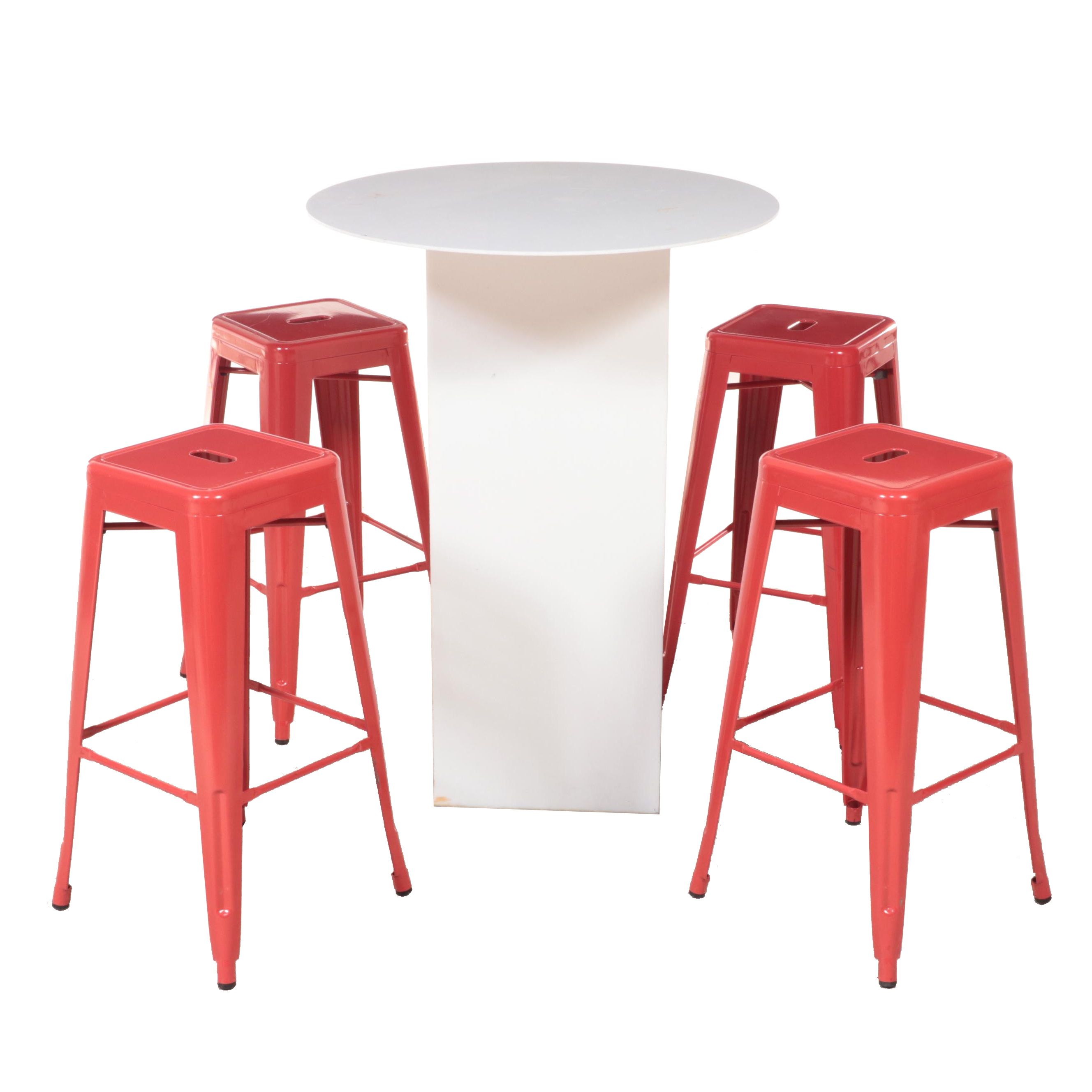 White Acrylic High-Top Table with Four Red Metal Barstools