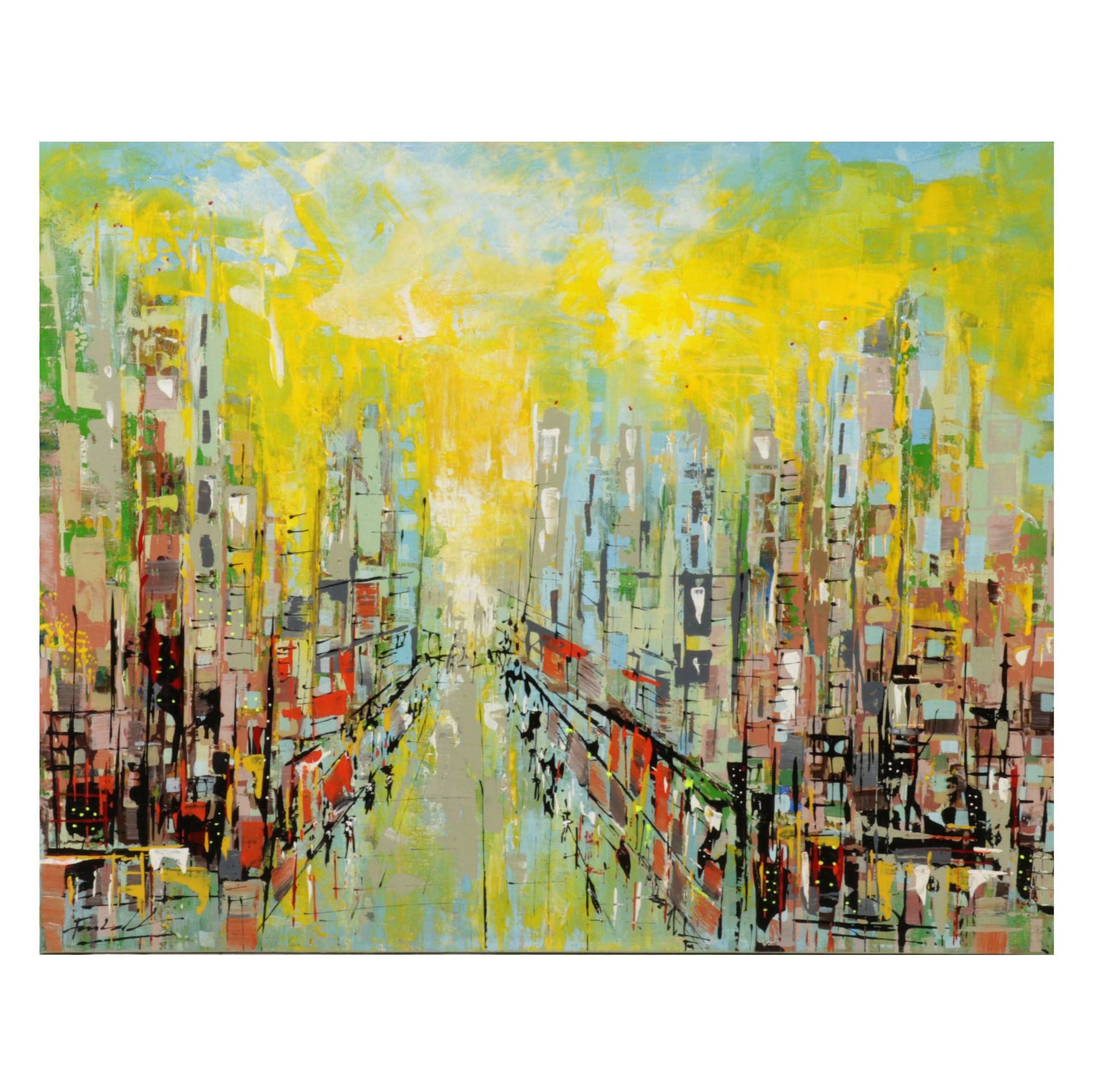 Farshad Lanjani City Street Acrylic Painting, 21st Century