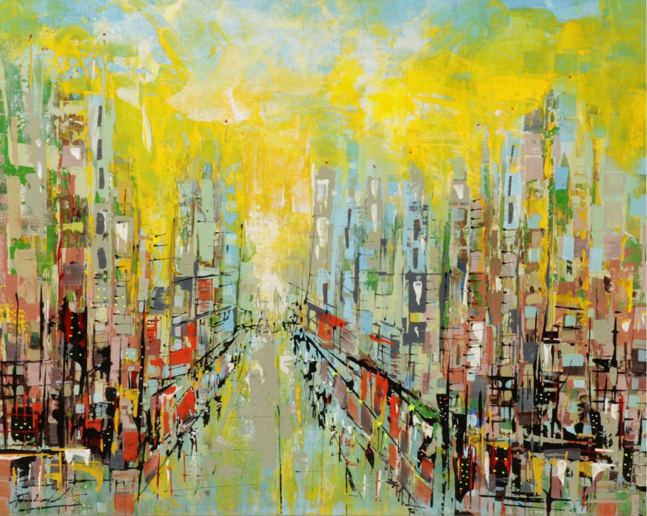 Farshad Lanjani City Street Acrylic Painting, 21st Century