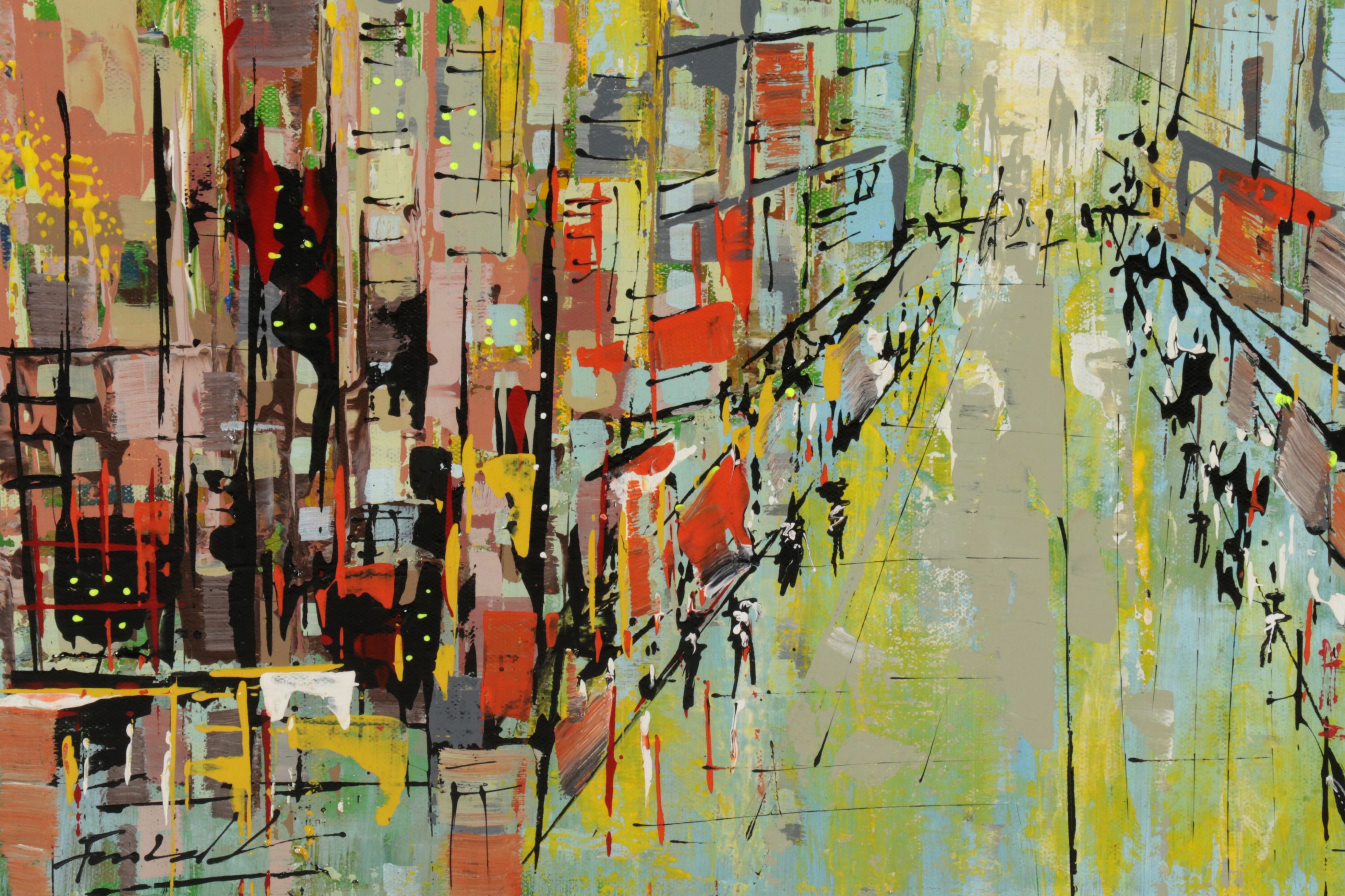 Farshad Lanjani City Street Acrylic Painting, 21st Century