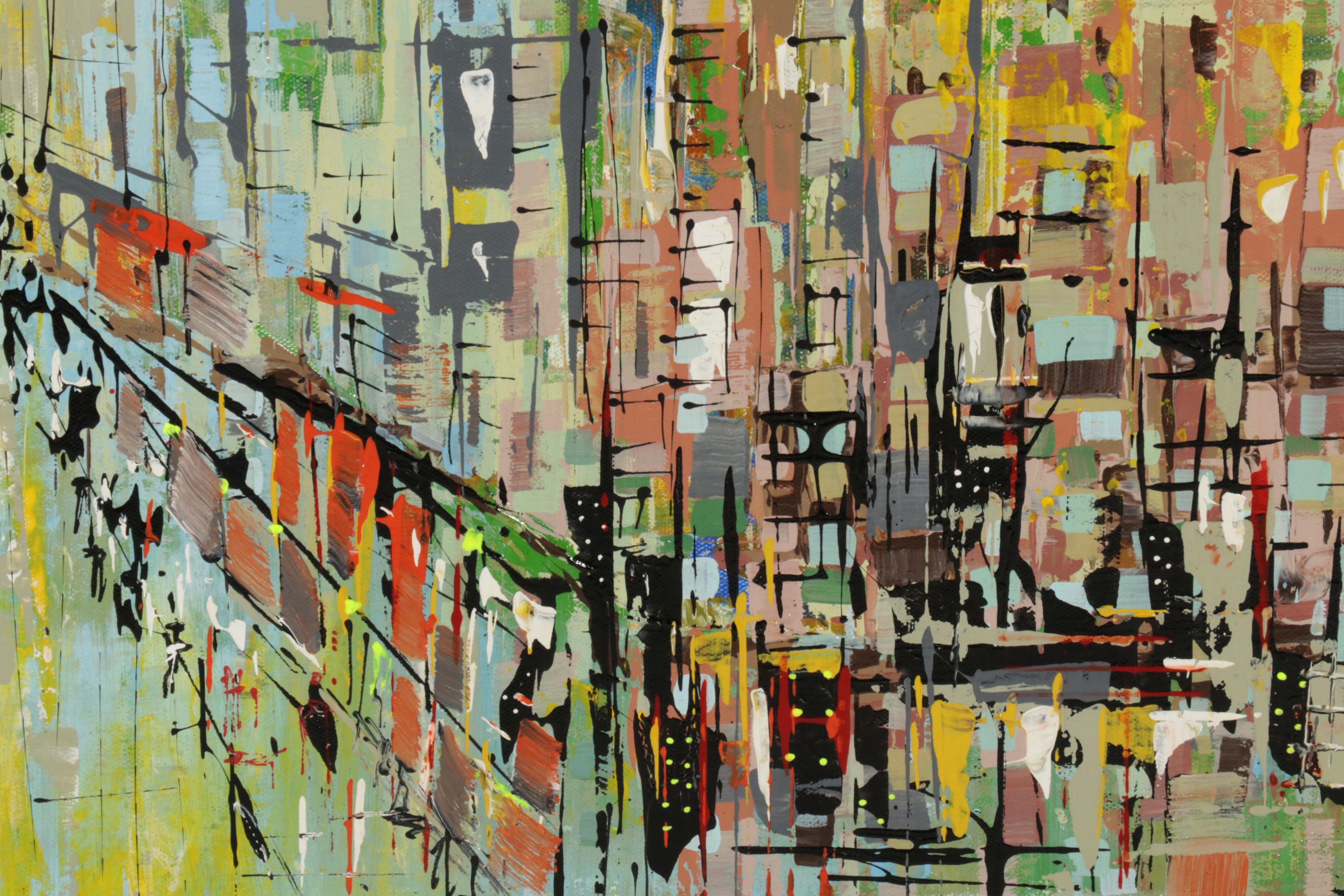 Farshad Lanjani City Street Acrylic Painting, 21st Century