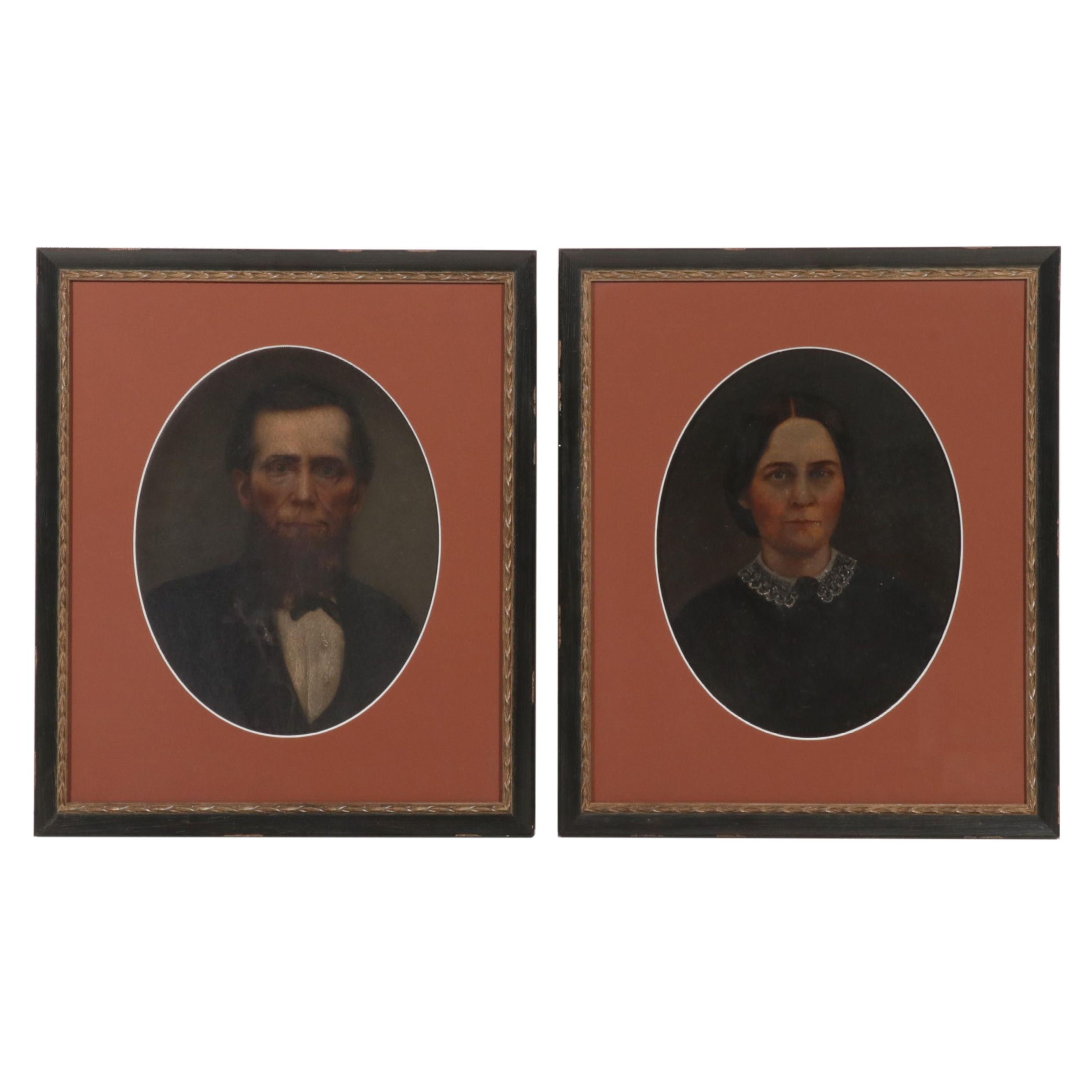 American School Folk Art Portrait Oil Paintings, 19th Century