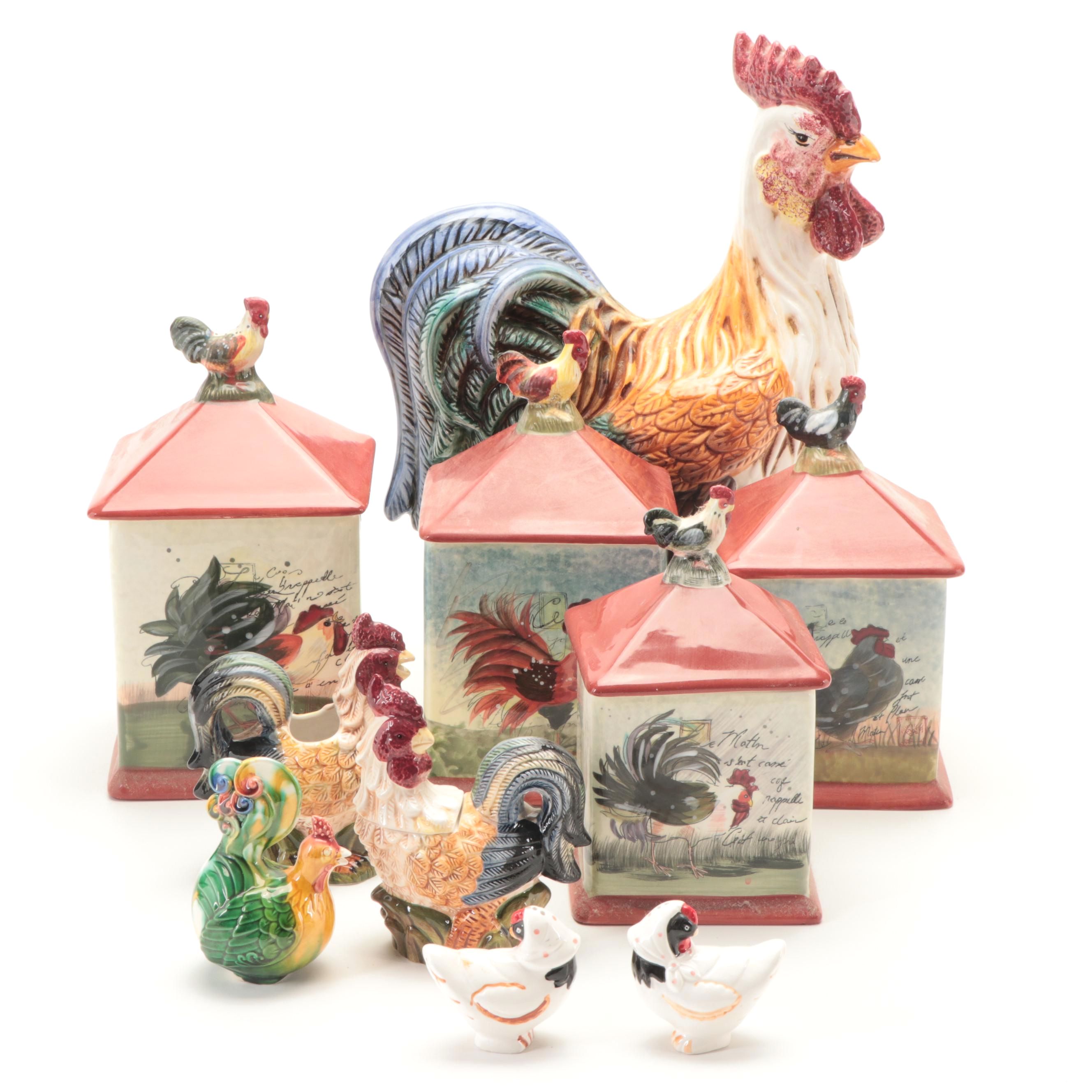 Susan Winget Hand-Painted Canisters with Other Ceramic Rooster Tableware