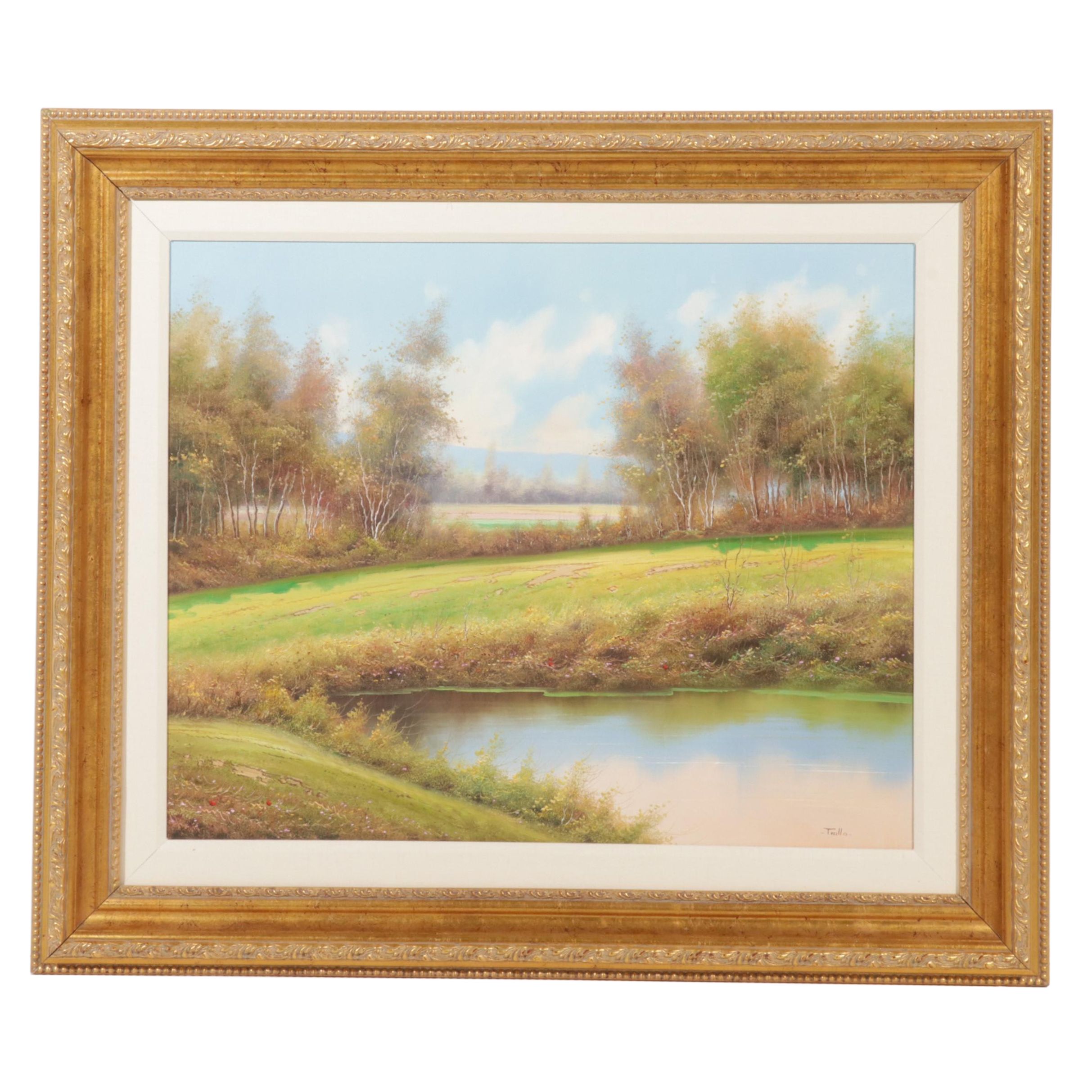 Trillo Landscape Oil Painting of Pastoral Pond, 21st Century