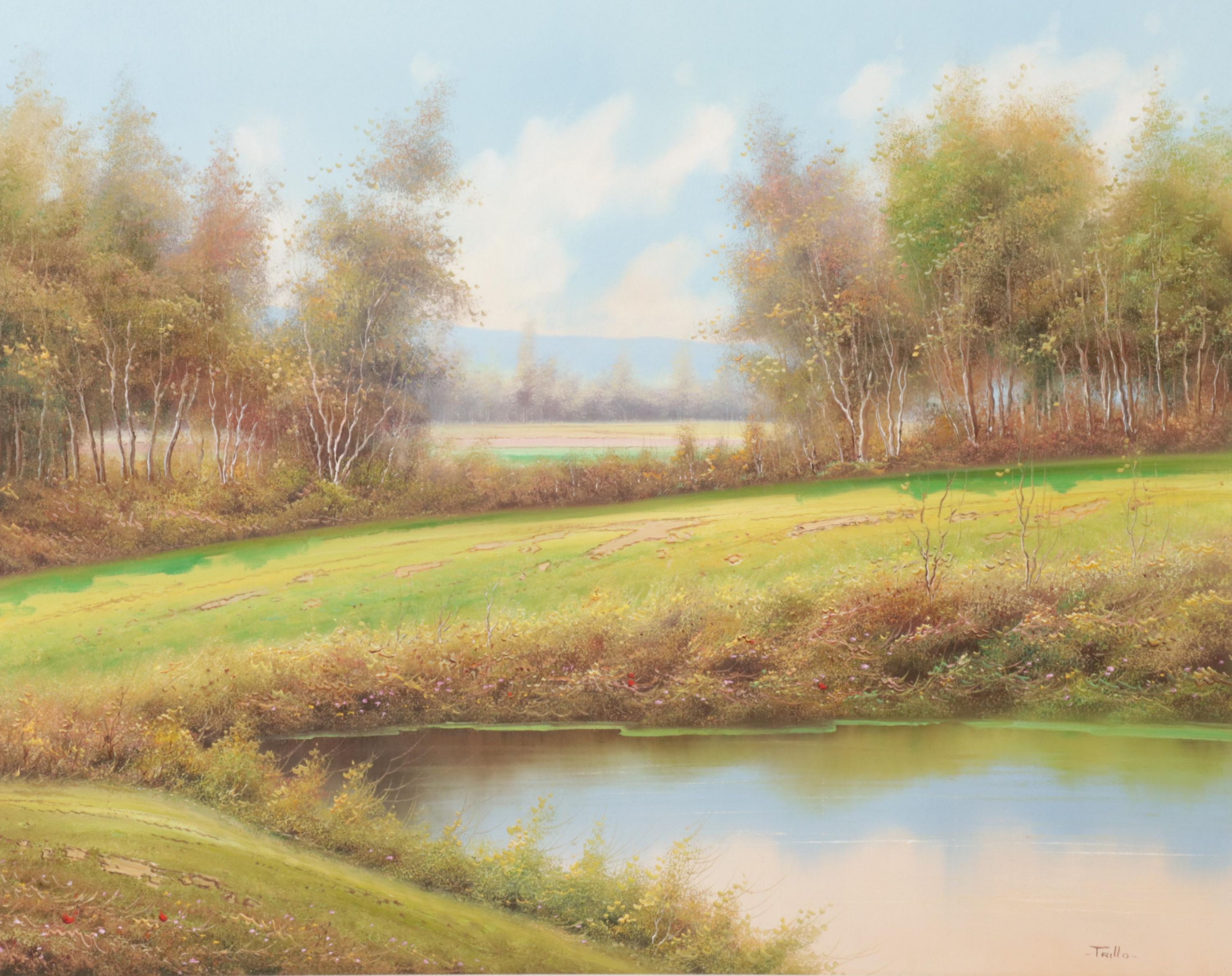 Trillo Landscape Oil Painting of Pastoral Pond, 21st Century