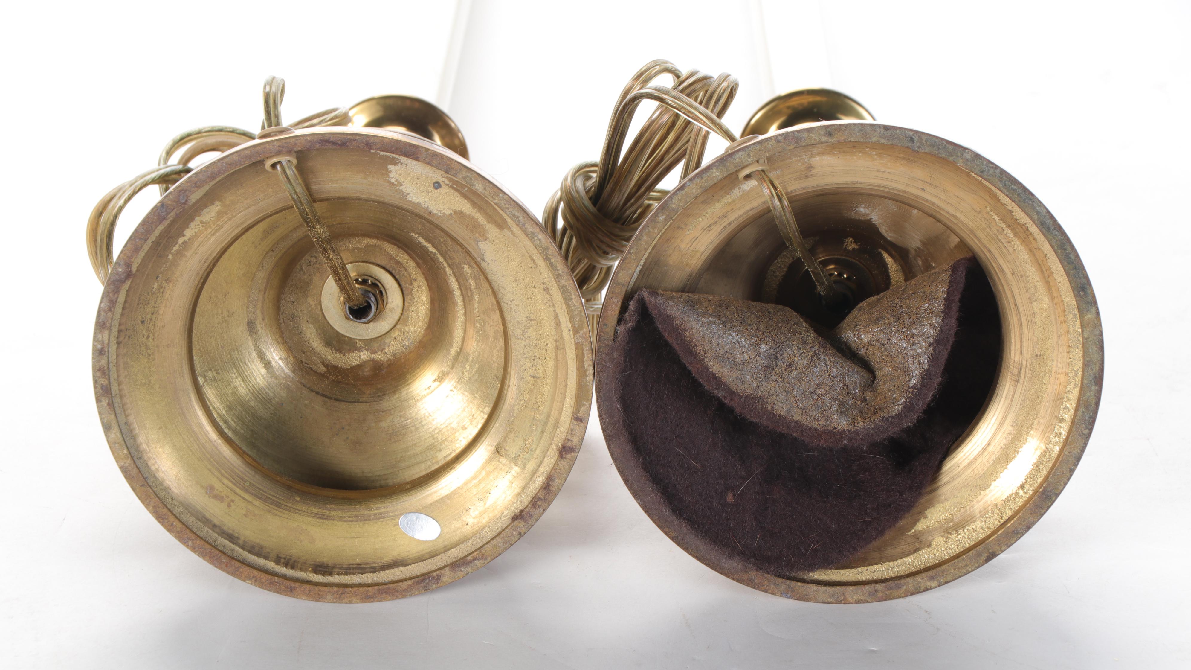 Colonial Style Brass Candlestick Buffet Table Lamps, Late 20th Century