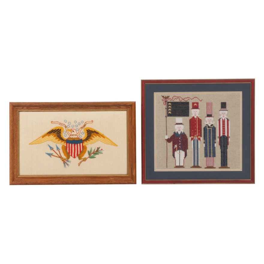 Patriotic Handmade Embroidery and Folk Art Cross-Stitch Panels, Late 20th C