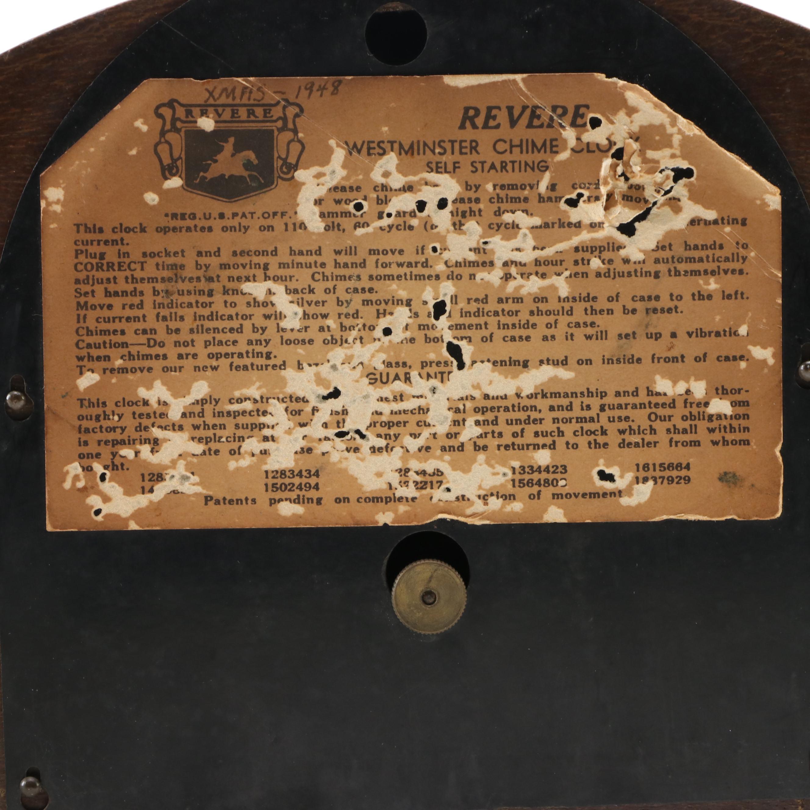 Revere Westminster Chime Electric Wooden Tambour Mantel Clock, 1948