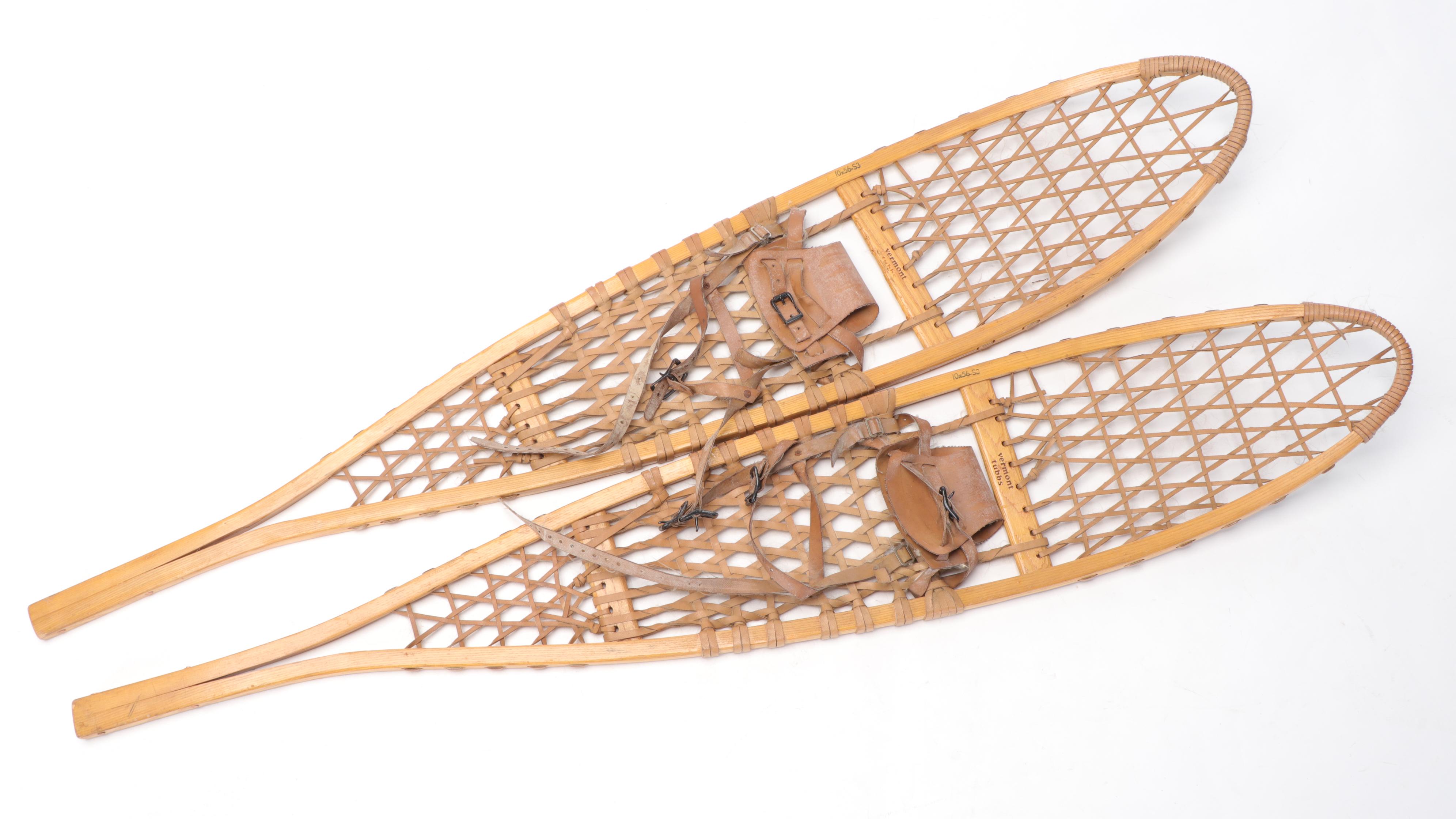Pair of Vermont Tubbs Wood and Leather Snowshoes, 20th Century