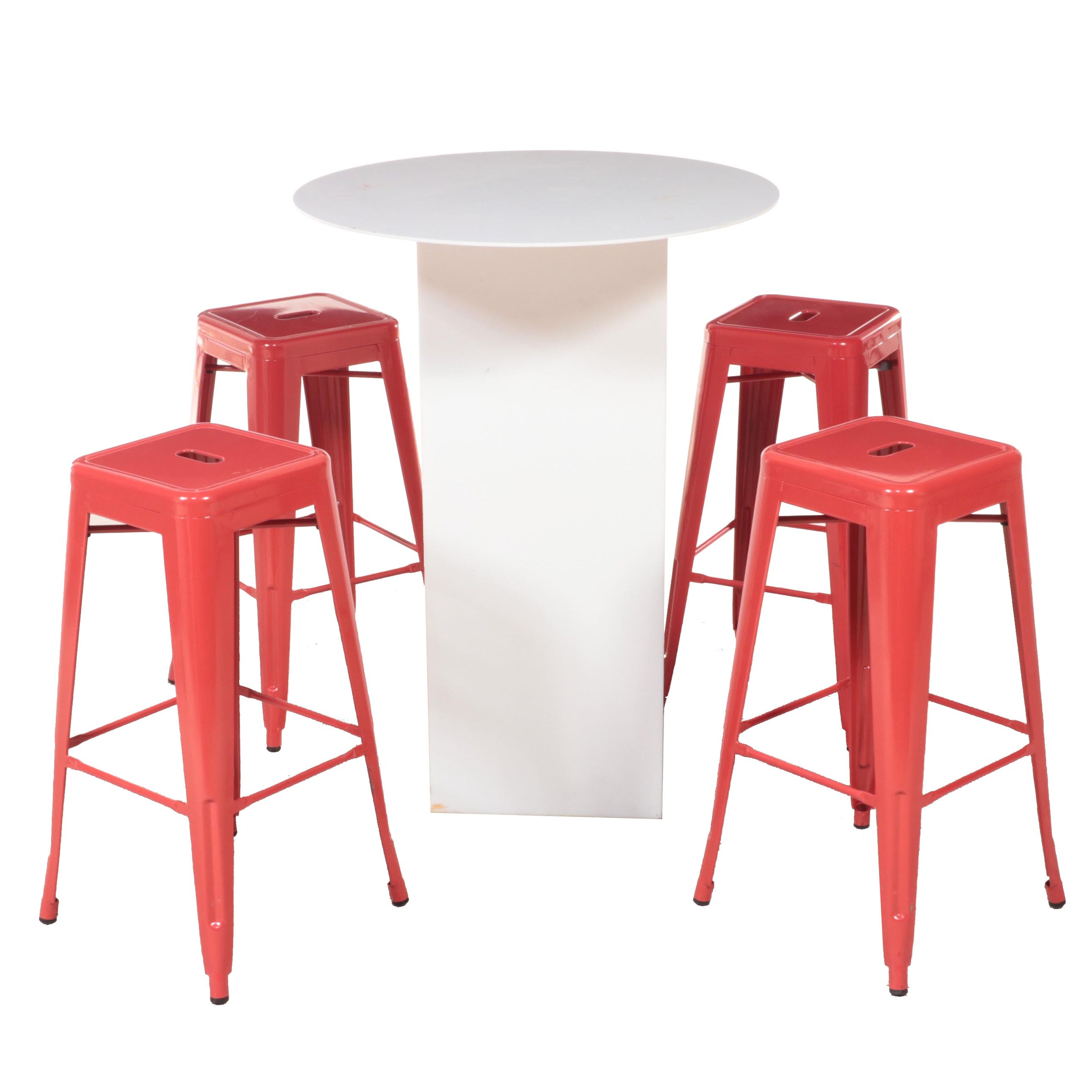 White Acrylic High-Top Table with Red Metal Barstools
