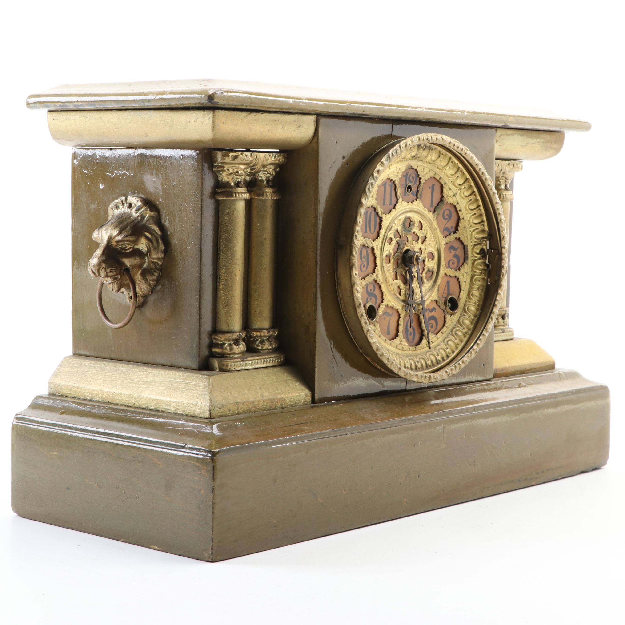 William L. Gilbert Lion's Head Gilt Wood Mantel Clock, 1903