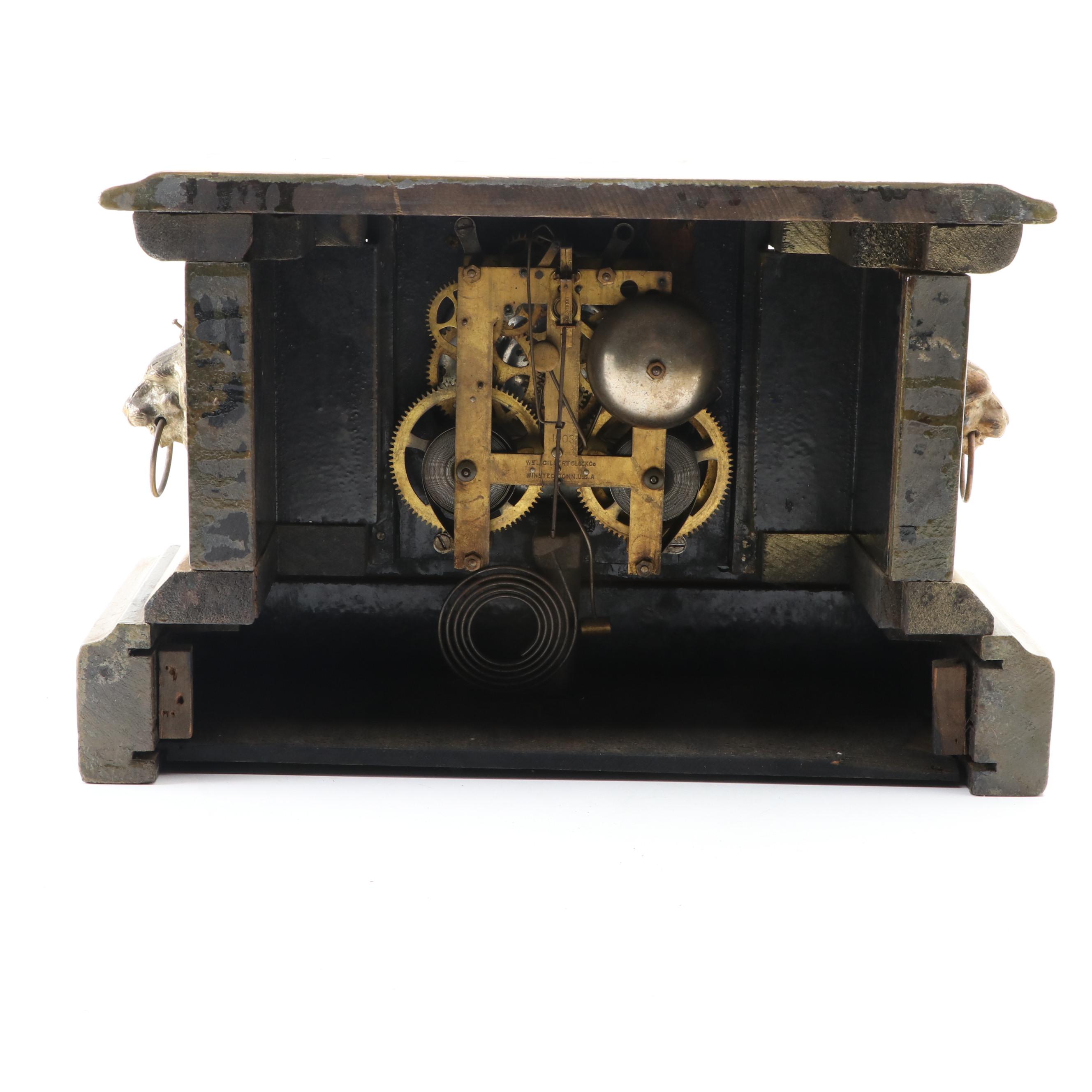 William L. Gilbert Lion's Head Gilt Wood Mantel Clock, 1903