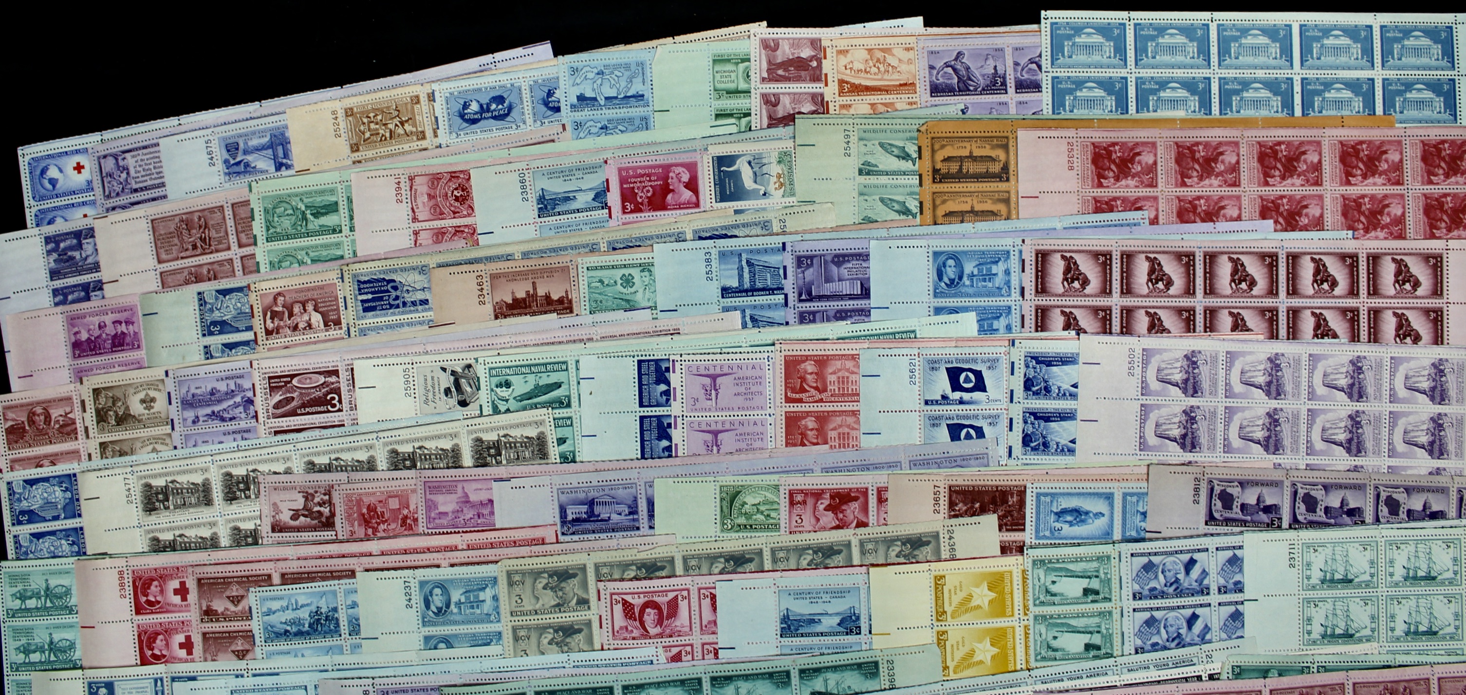 Eighty-One Different 3-Cent Postage Stamp Sheets, 1940s to 1950s