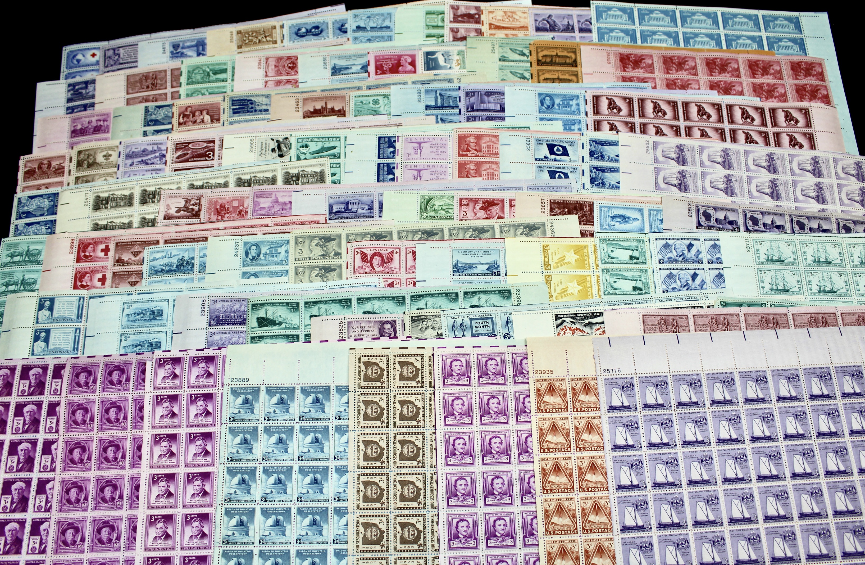 Eighty-One Different 3-Cent Postage Stamp Sheets, 1940s to 1950s