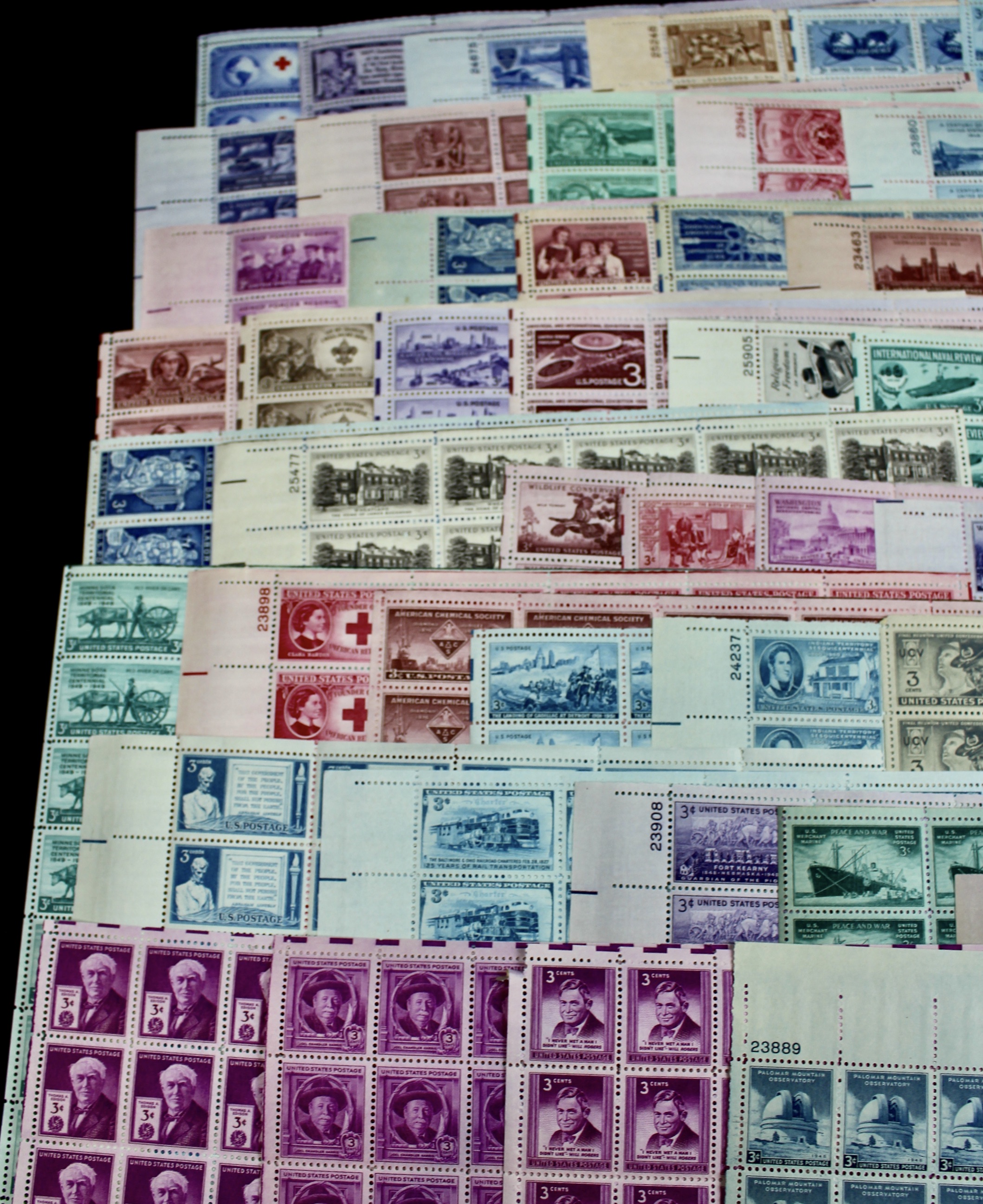 Eighty-One Different 3-Cent Postage Stamp Sheets, 1940s to 1950s