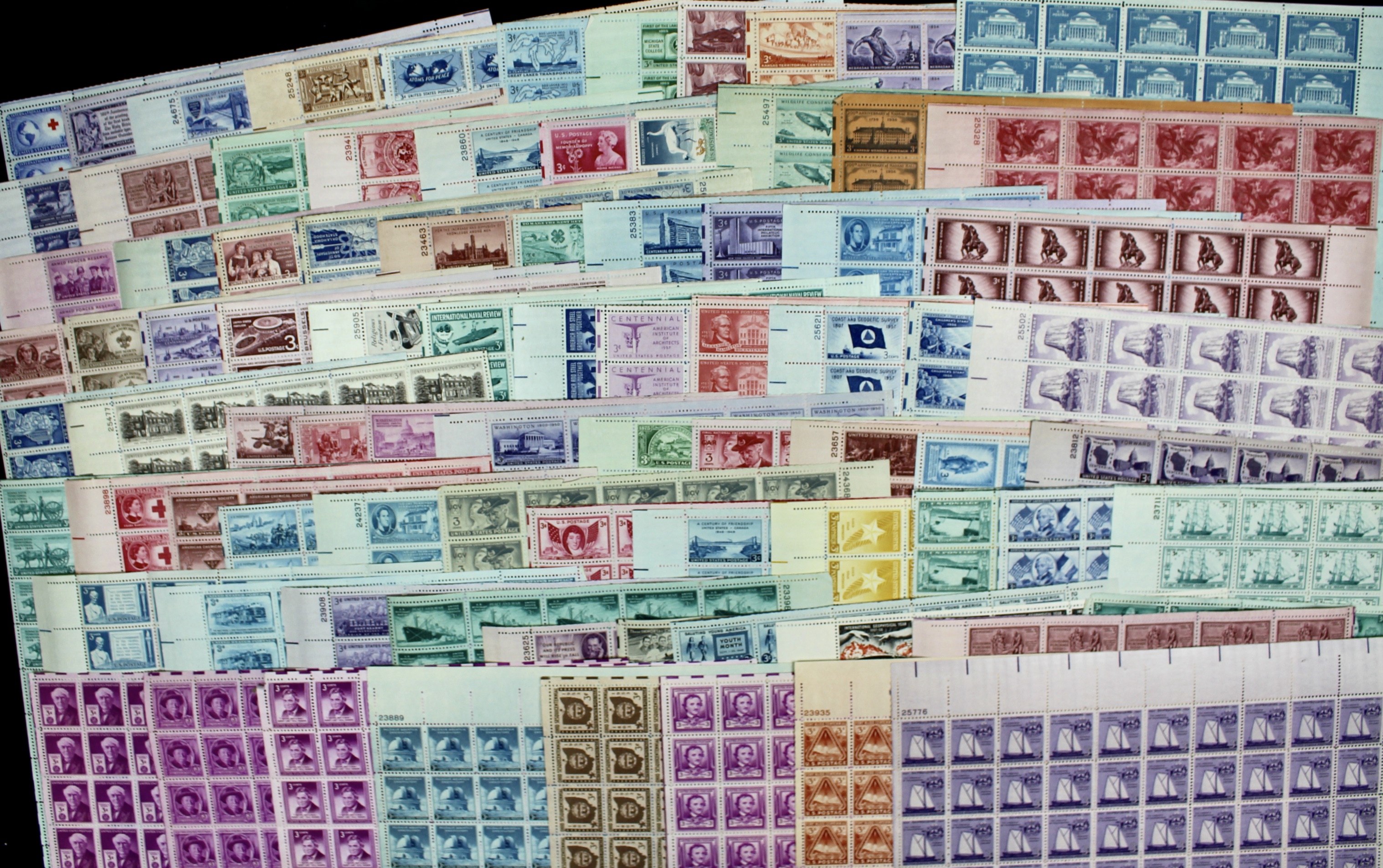 Eighty-One Different 3-Cent Postage Stamp Sheets, 1940s to 1950s