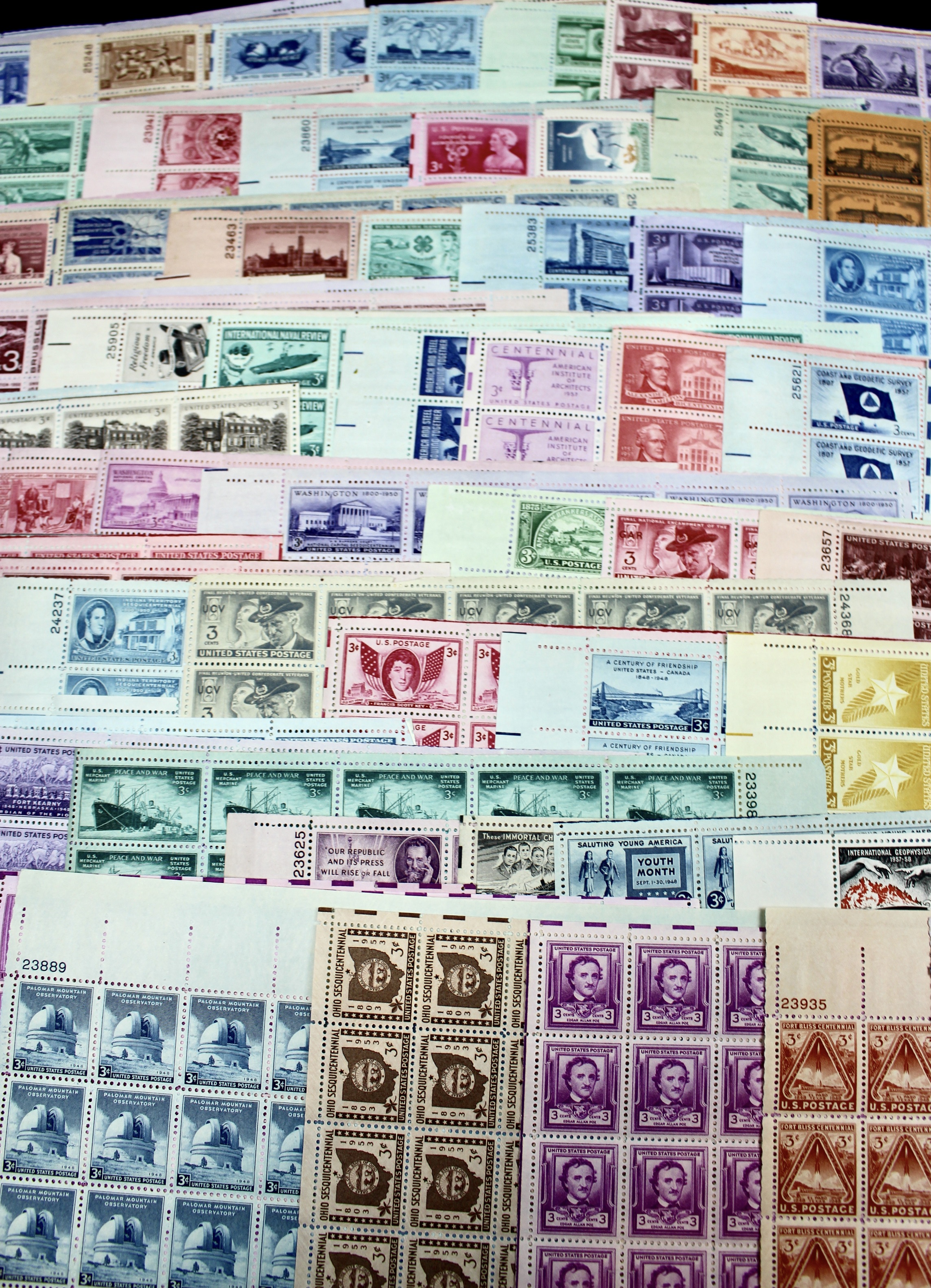 Eighty-One Different 3-Cent Postage Stamp Sheets, 1940s to 1950s