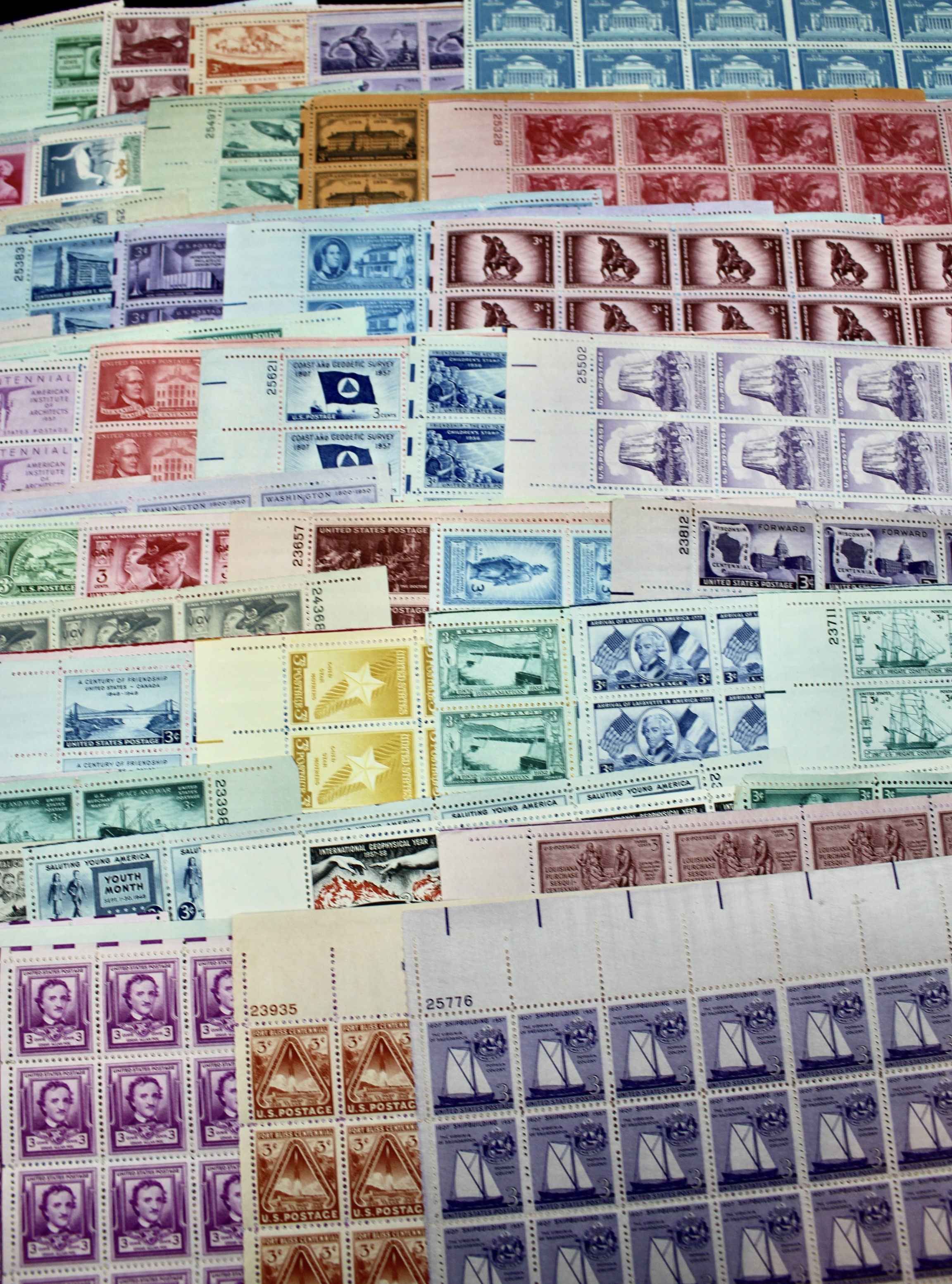 Eighty-One Different 3-Cent Postage Stamp Sheets, 1940s to 1950s