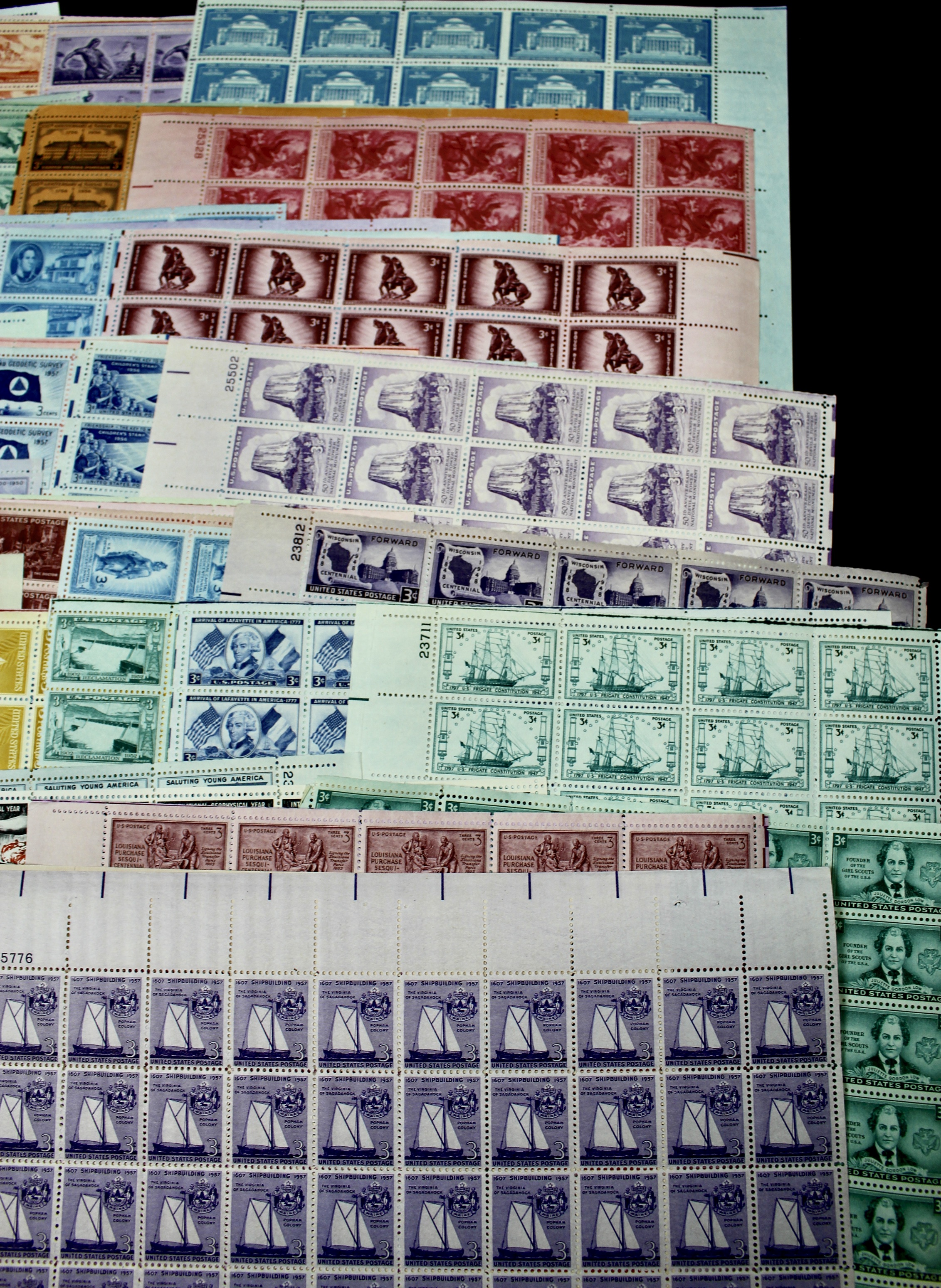 Eighty-One Different 3-Cent Postage Stamp Sheets, 1940s to 1950s