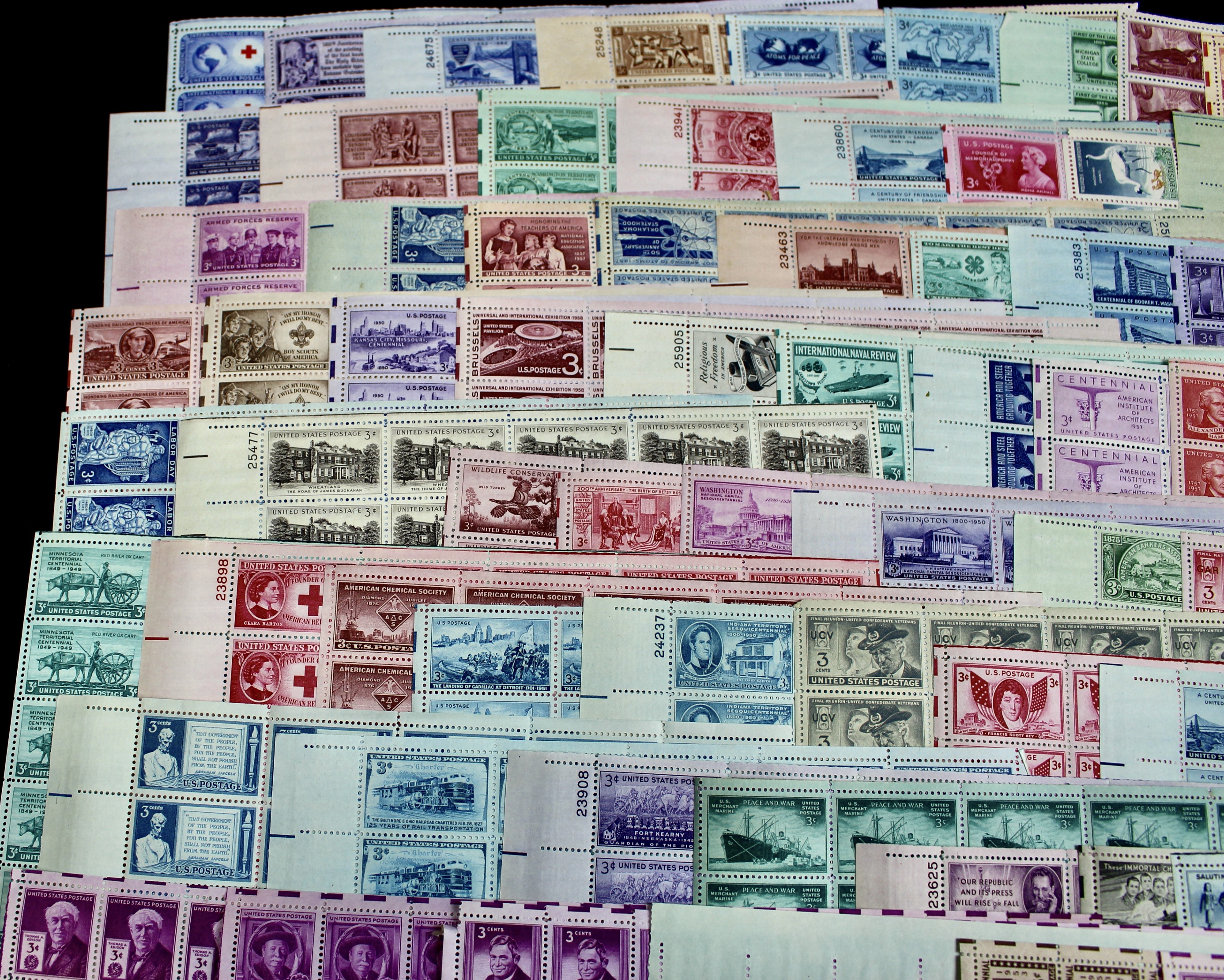 Eighty-One Different 3-Cent Postage Stamp Sheets, 1940s to 1950s