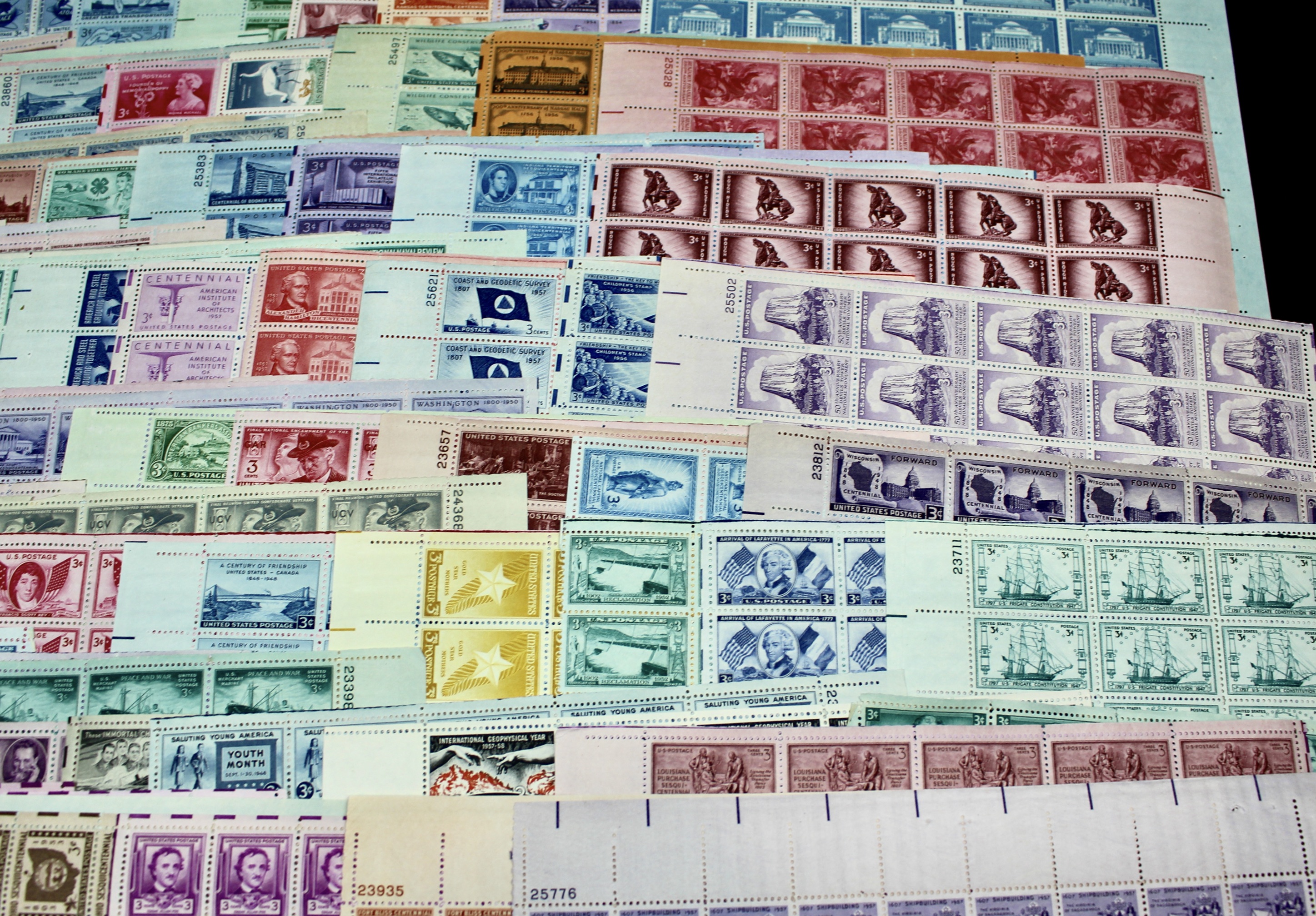 Eighty-One Different 3-Cent Postage Stamp Sheets, 1940s to 1950s