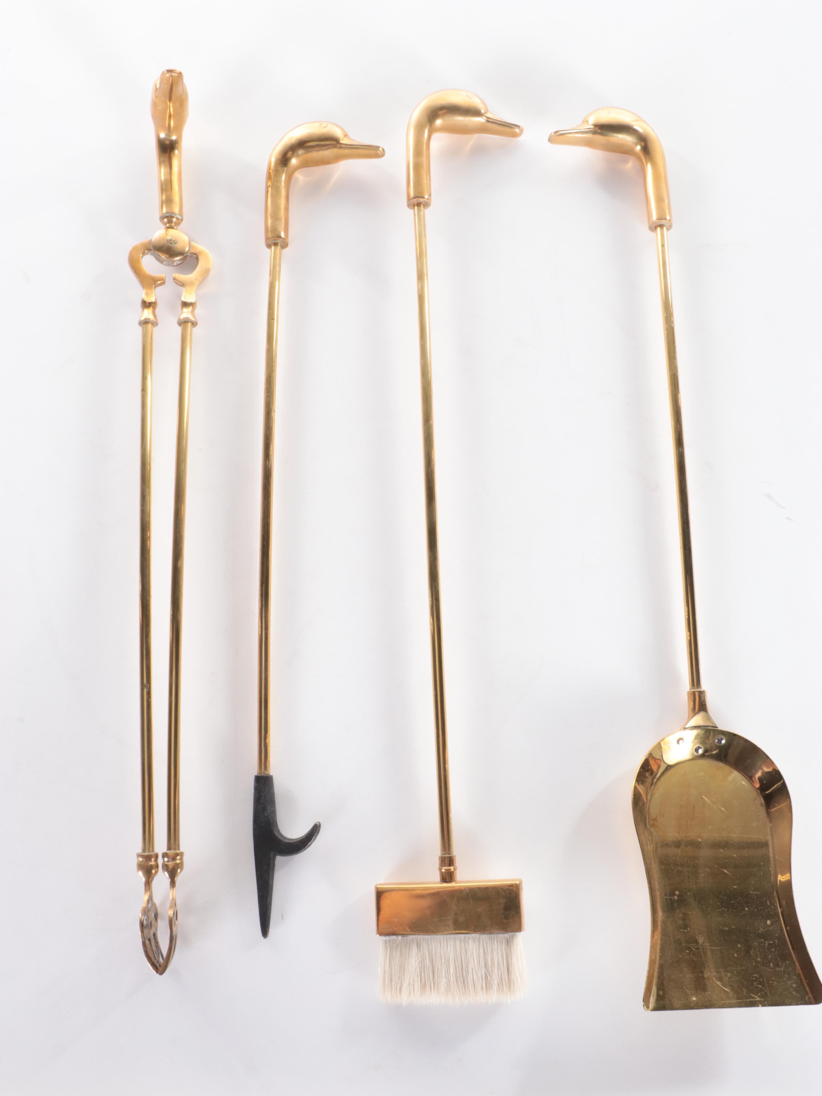 Brass Fireplace Tool Set with Goose Head Finials
