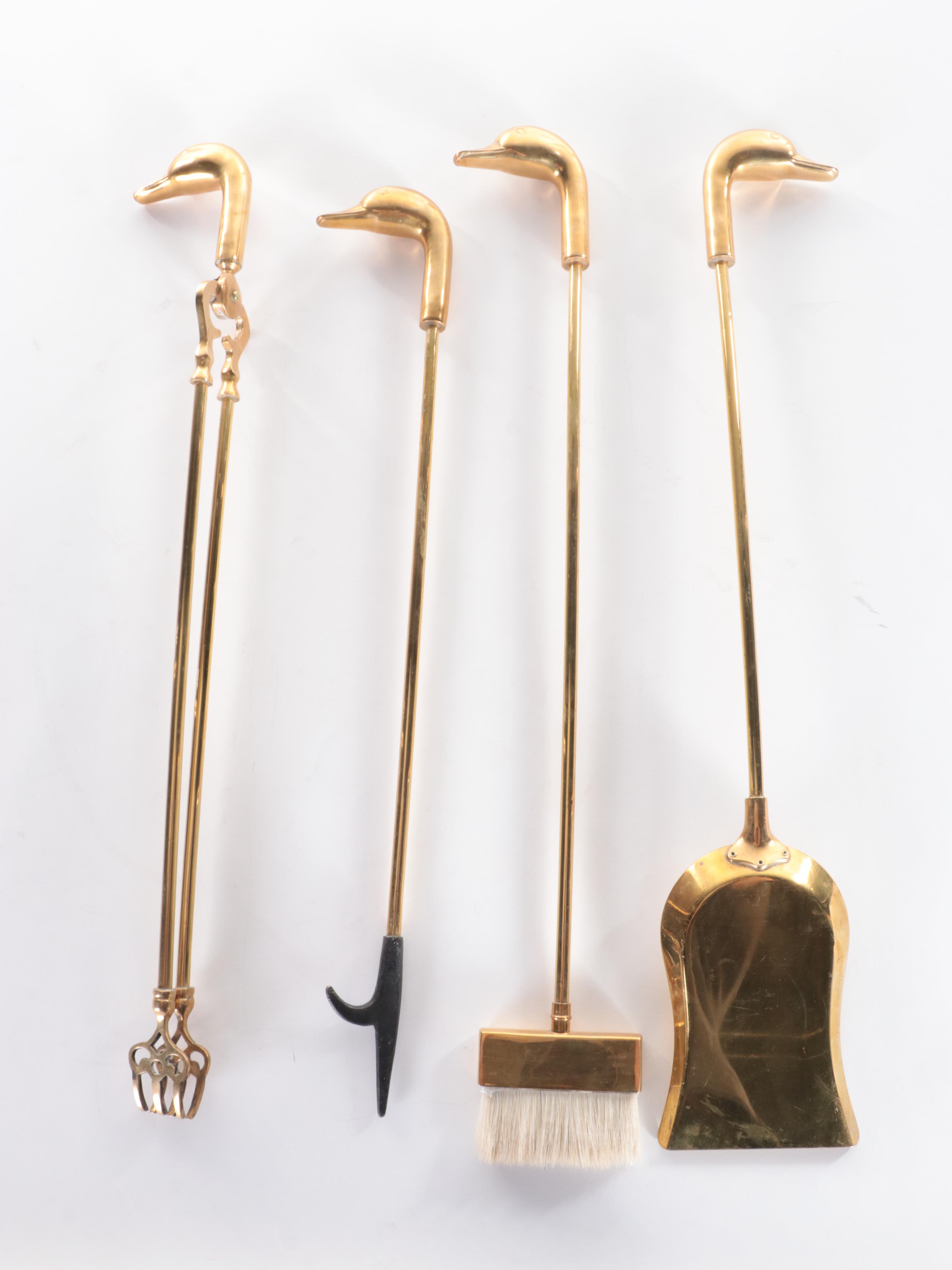 Brass Fireplace Tool Set with Goose Head Finials