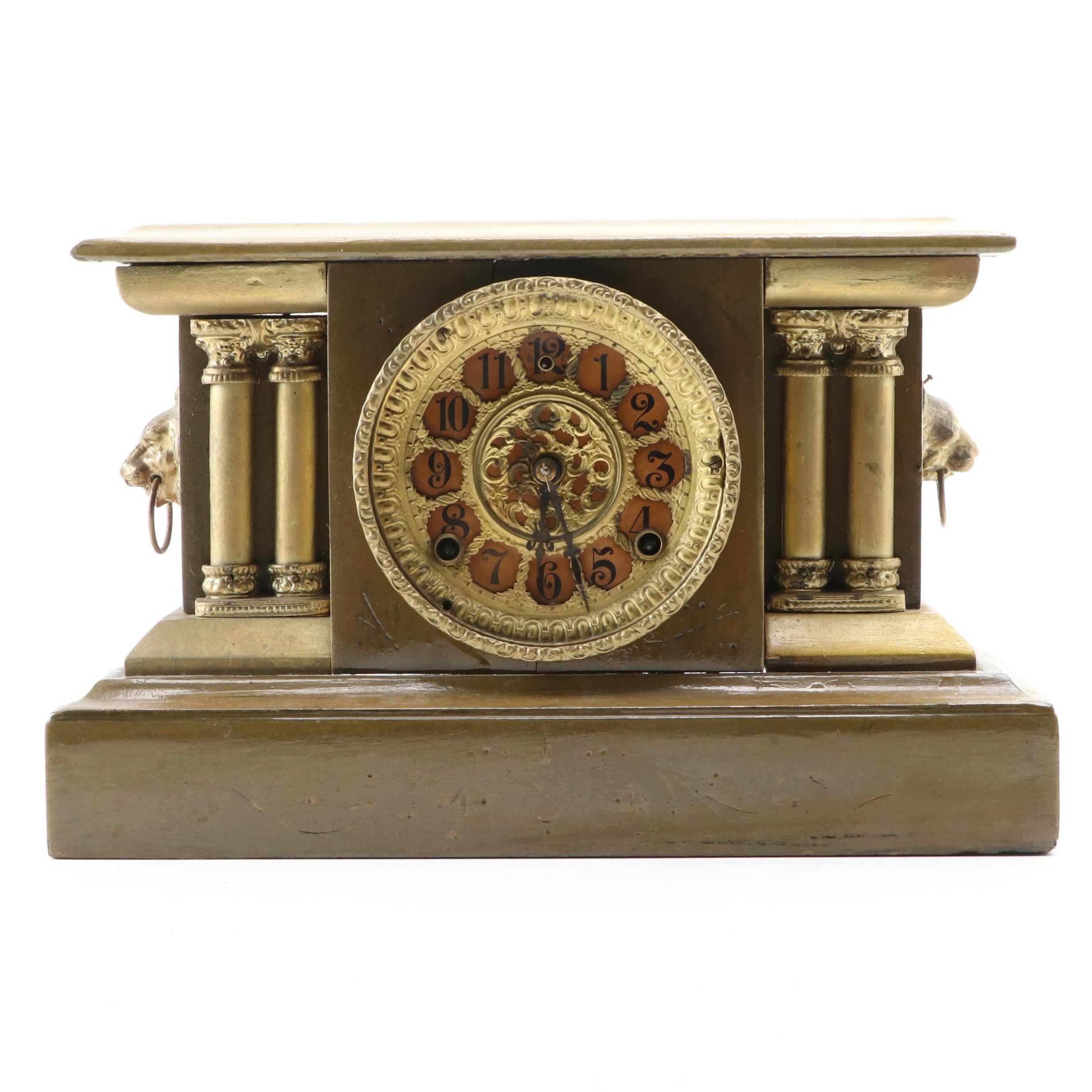 William L. Gilbert Lion's Head Gilt Wood Mantel Clock, 1903