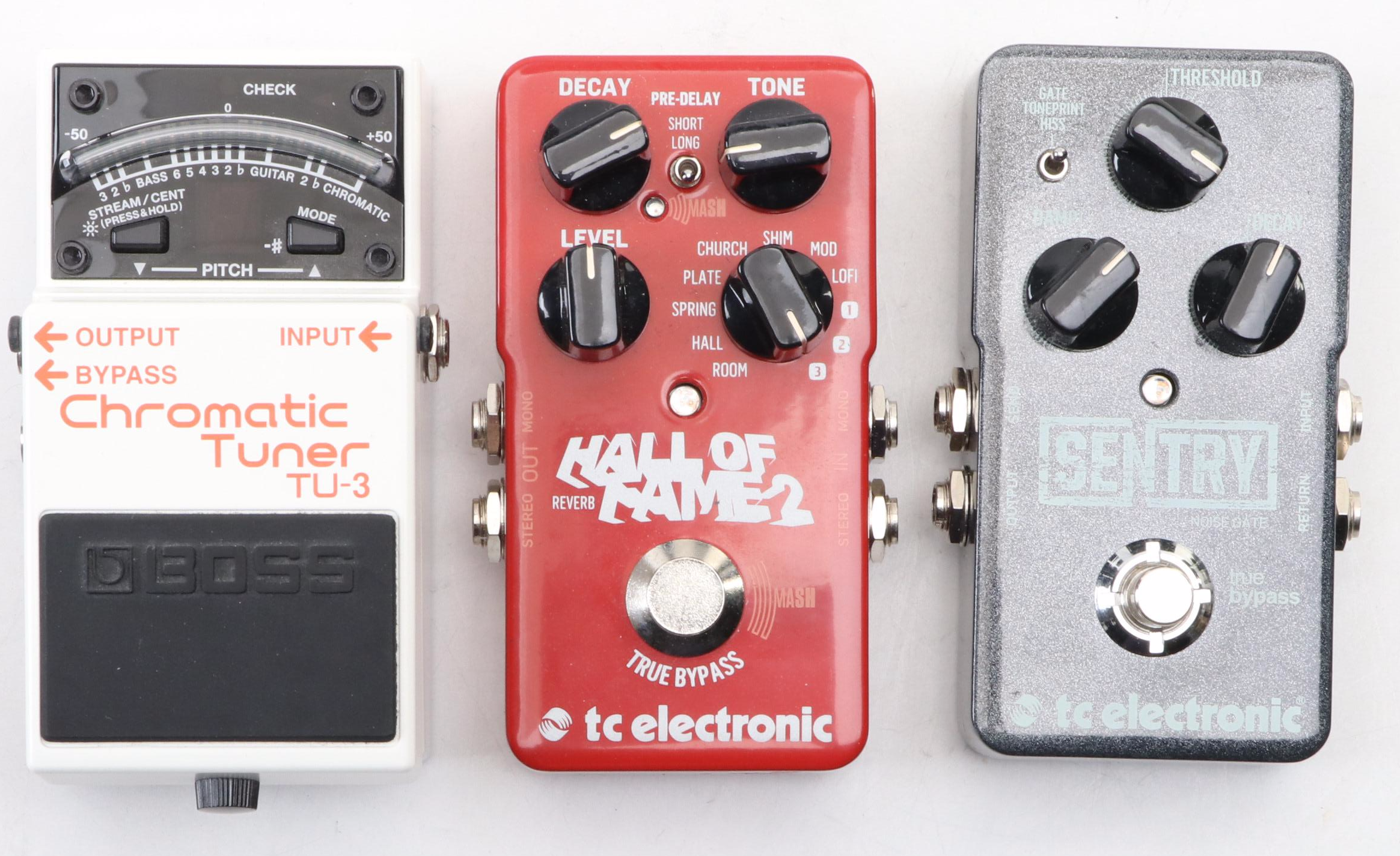 TC Electronic Sentry and Hall of Fame 2 and Boss TU-3 Chromatic Tuner