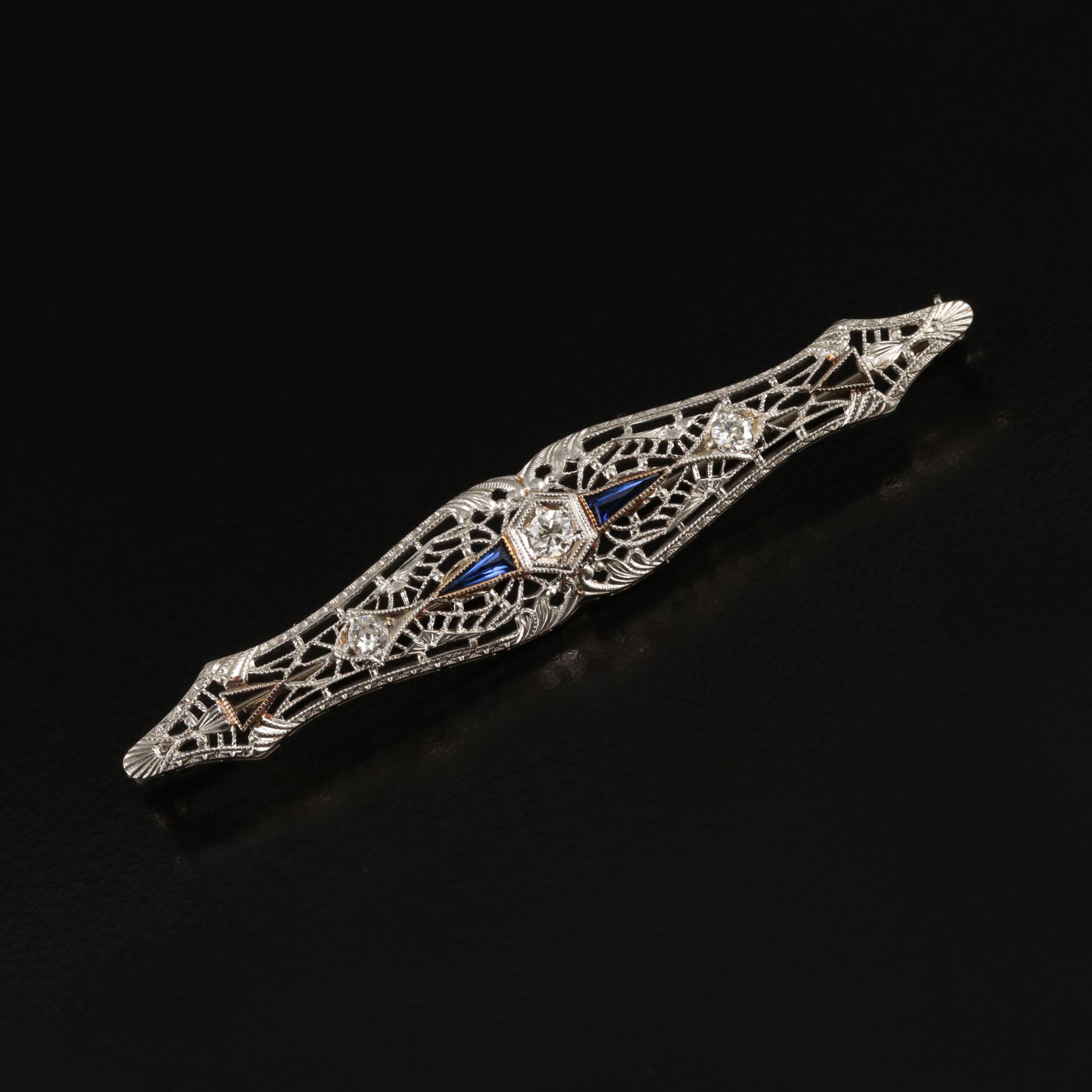 Vintage 14K 0.26 CTW Diamond and Sapphire Bar Brooch with Platinum Front