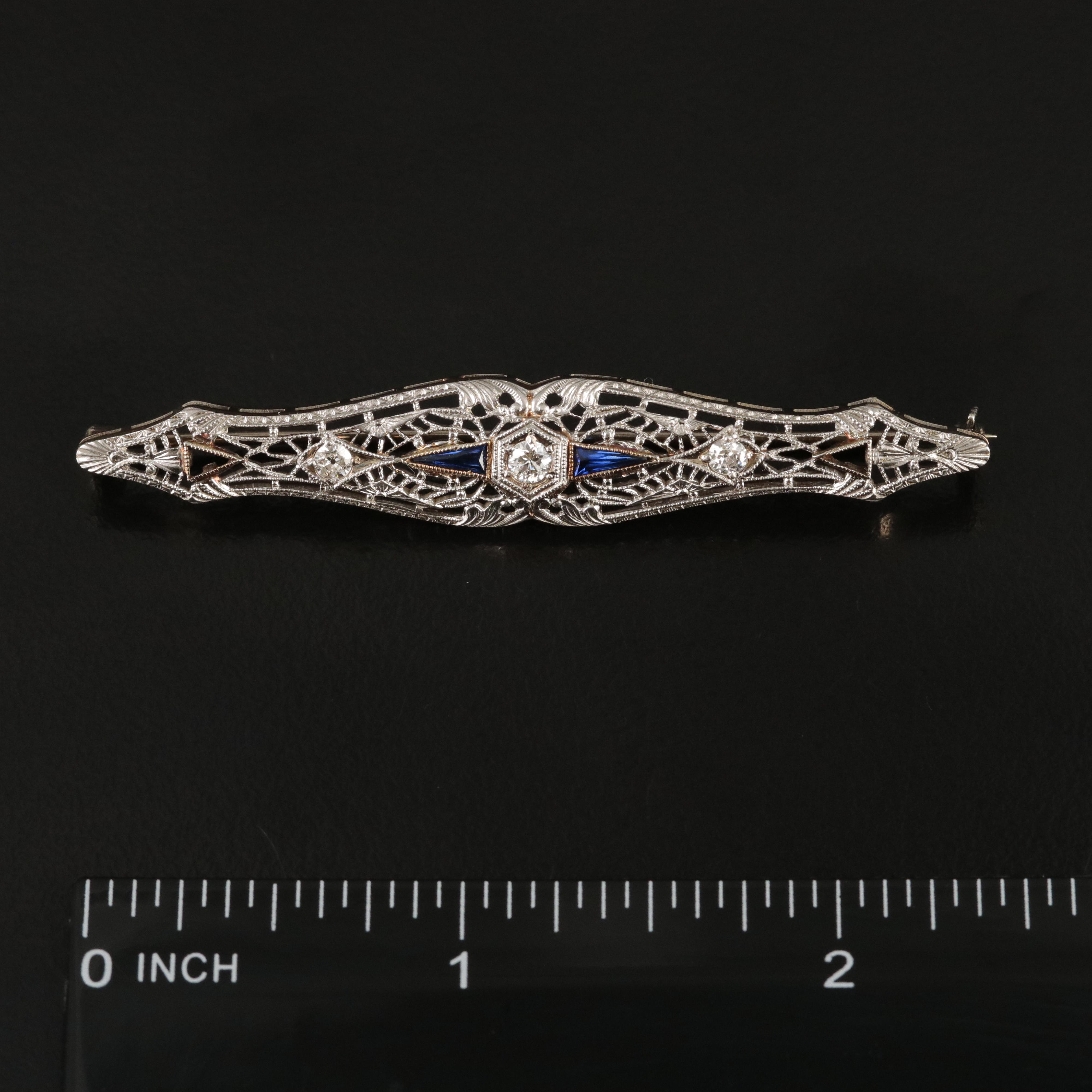 Vintage 14K 0.26 CTW Diamond and Sapphire Bar Brooch with Platinum Front