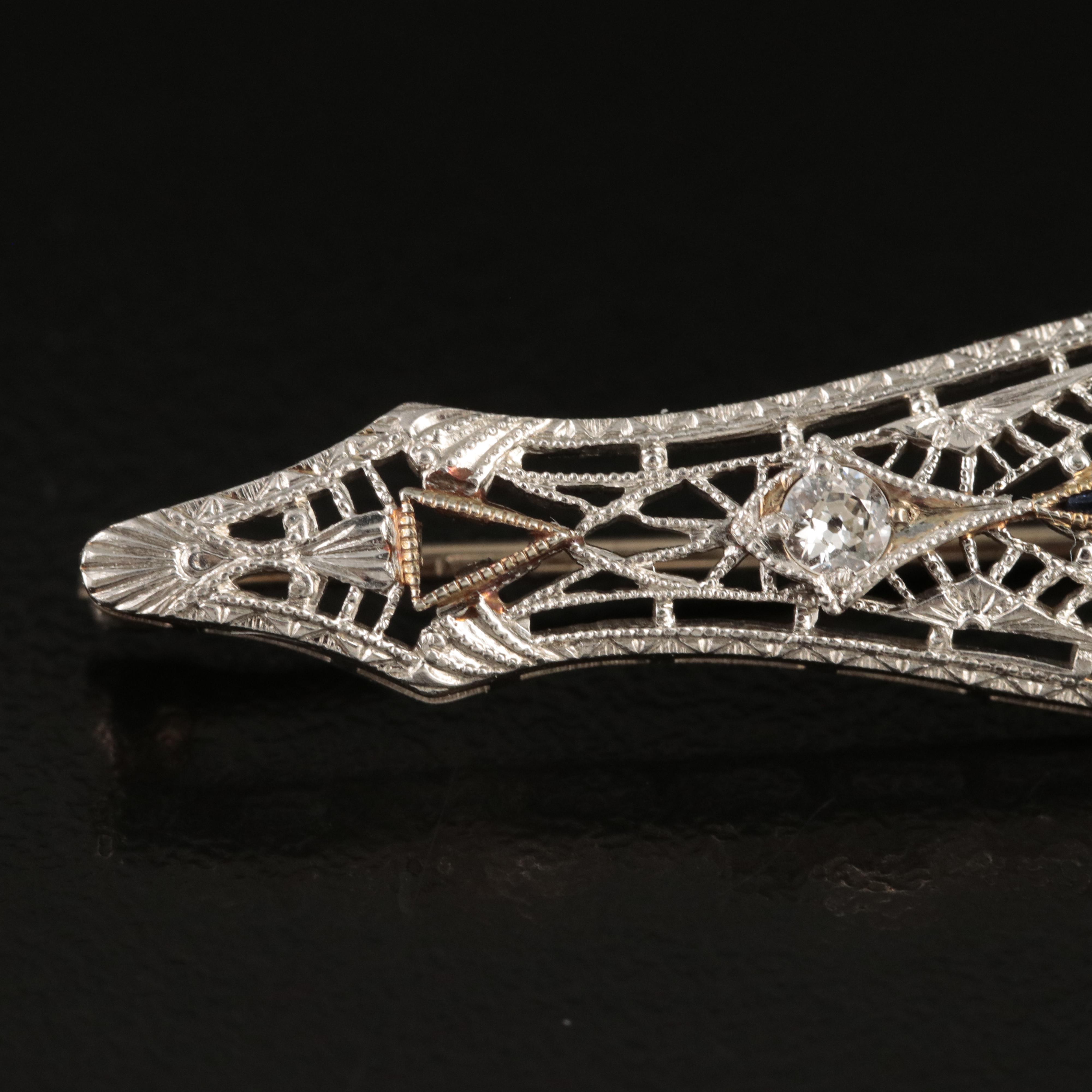 Vintage 14K 0.26 CTW Diamond and Sapphire Bar Brooch with Platinum Front