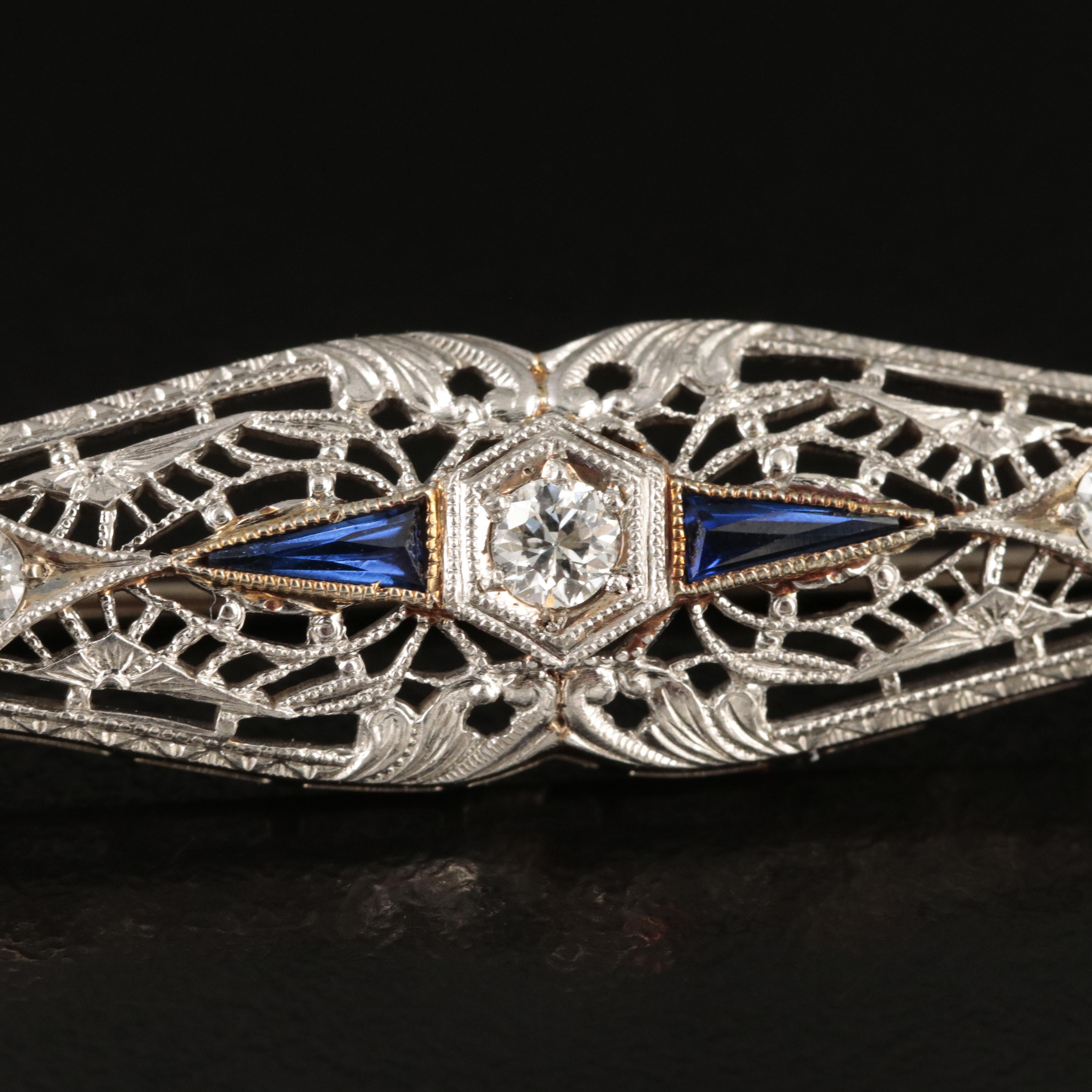 Vintage 14K 0.26 CTW Diamond and Sapphire Bar Brooch with Platinum Front