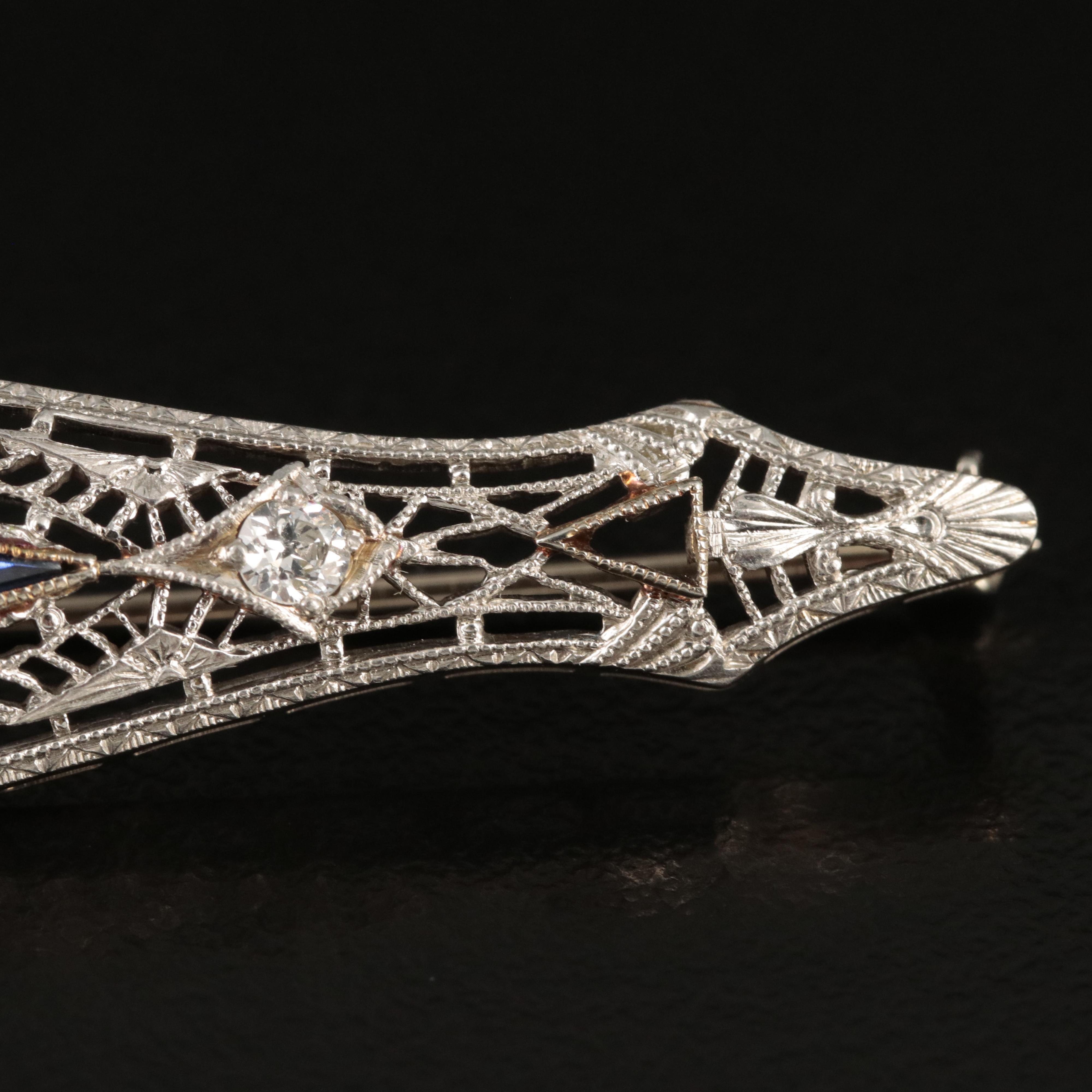 Vintage 14K 0.26 CTW Diamond and Sapphire Bar Brooch with Platinum Front