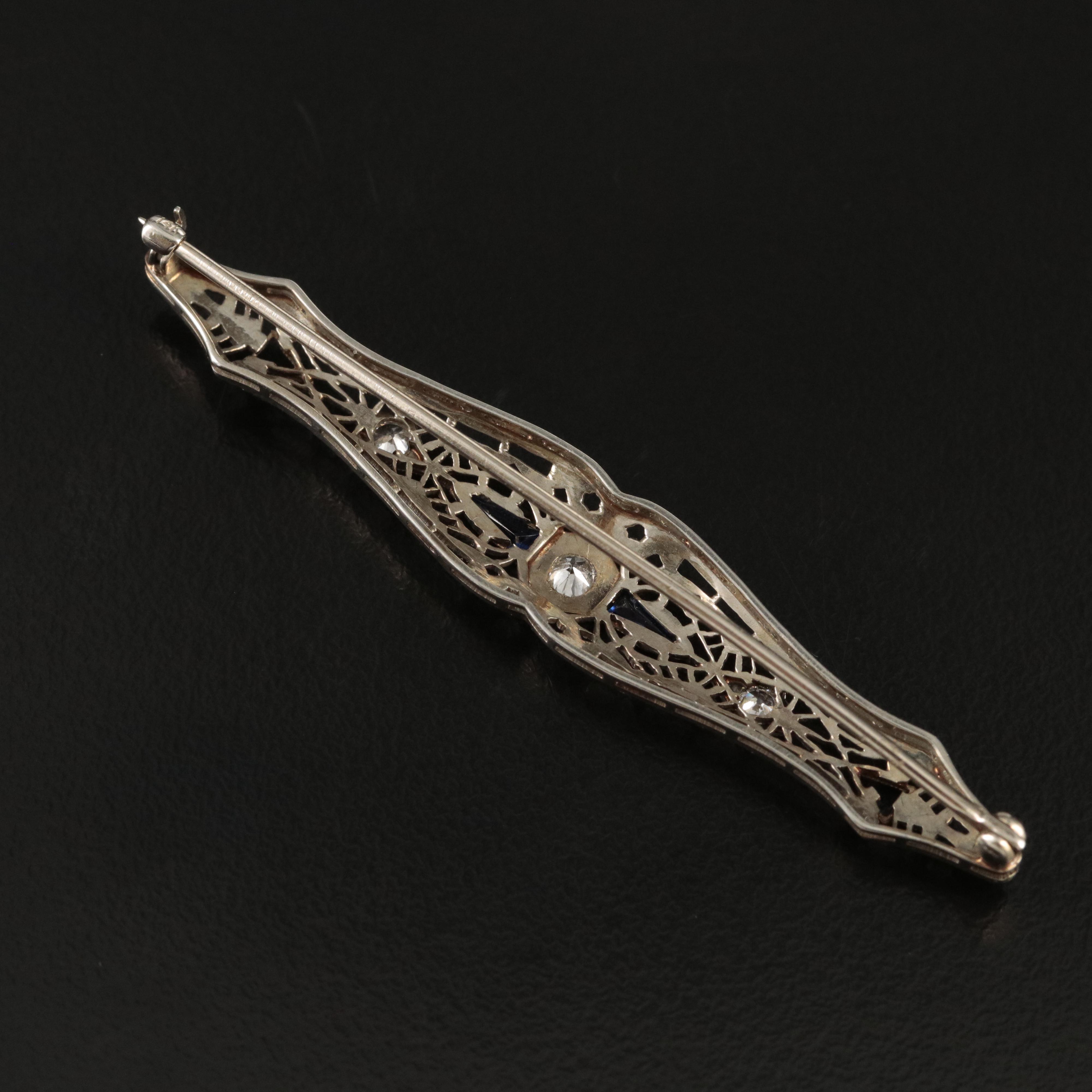 Vintage 14K 0.26 CTW Diamond and Sapphire Bar Brooch with Platinum Front