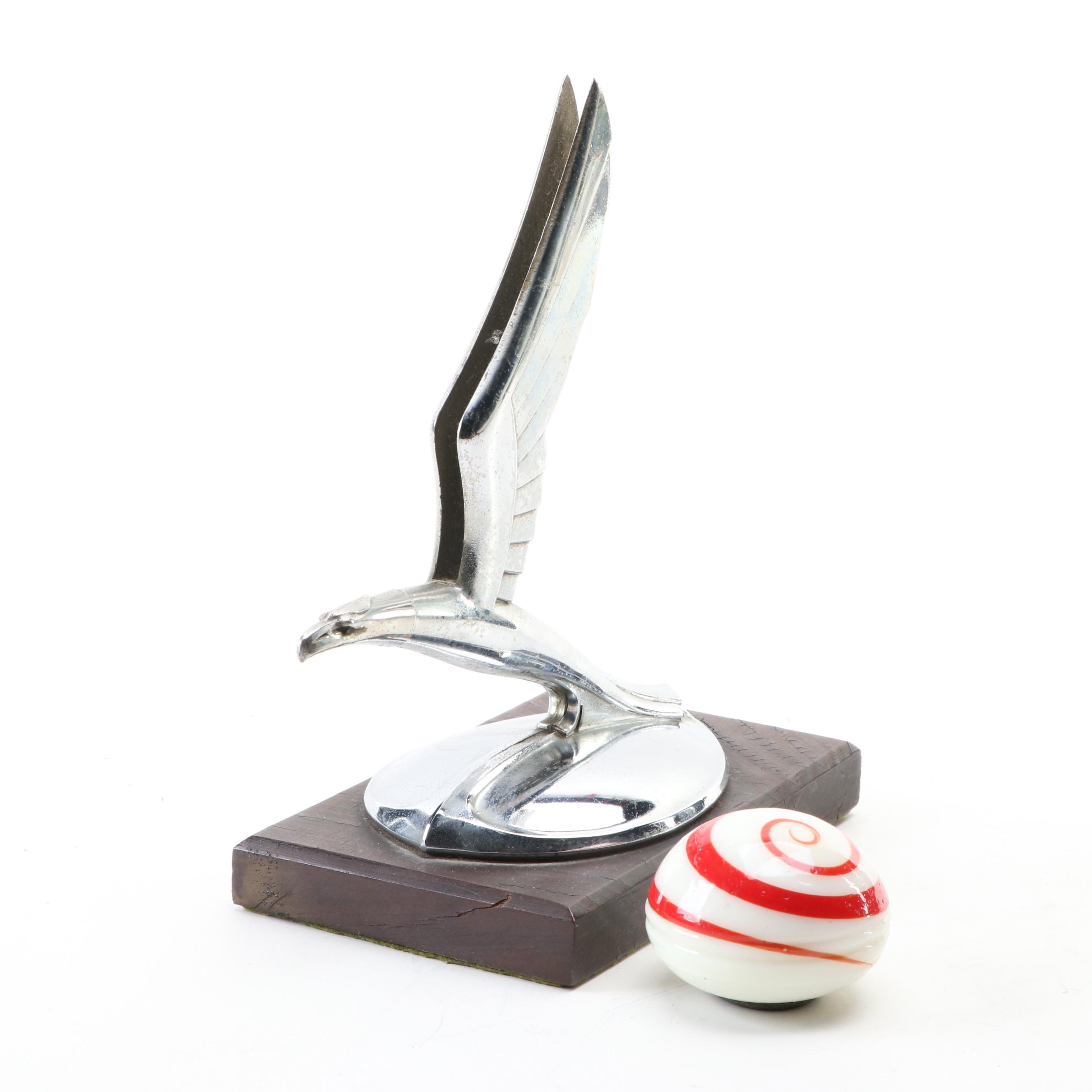Chevrolet Eagle Hood Ornament with Swirl Glass Shift Knob, 1930s