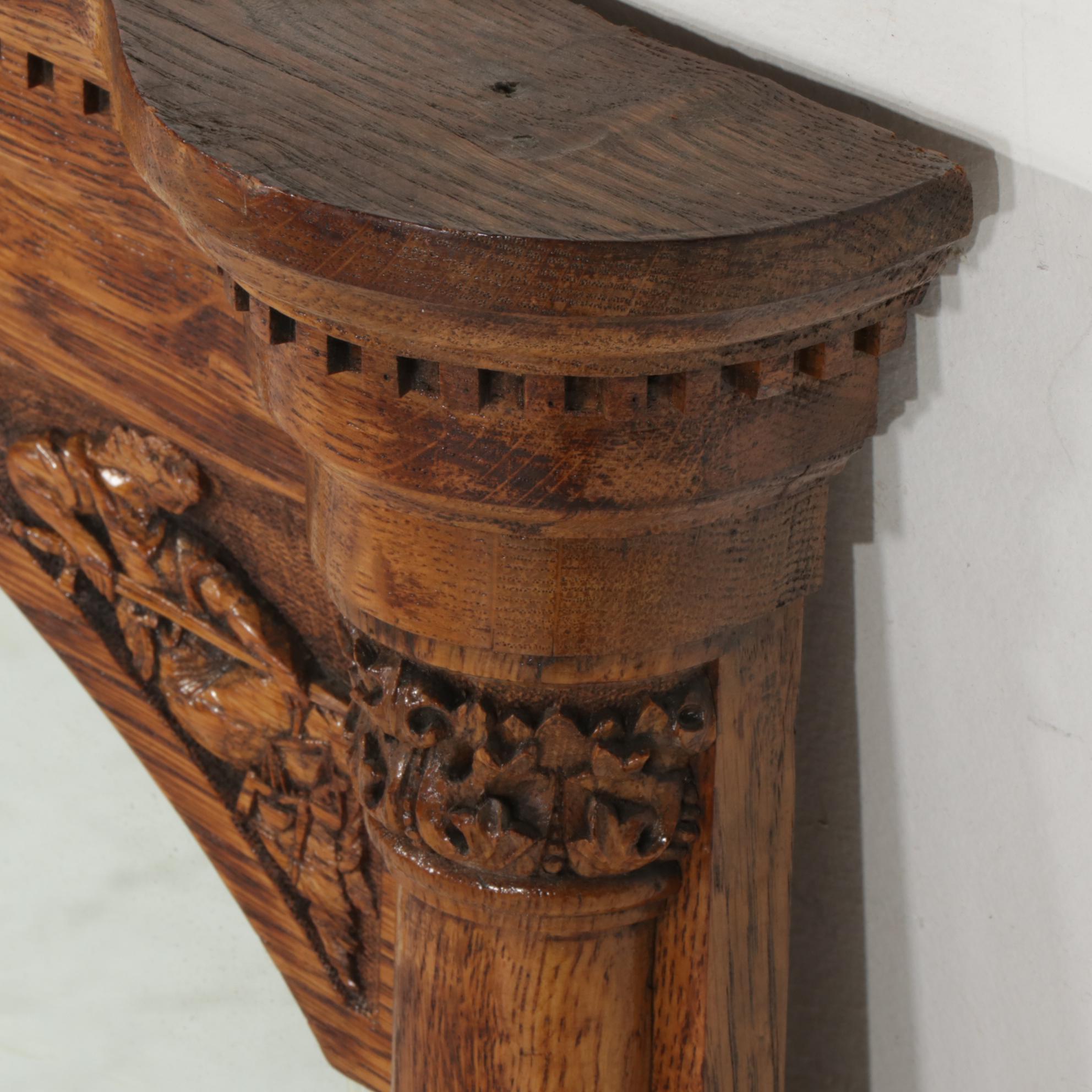 Victorian Carved Oak Wall Mirror with Biblical Tetramorph Coat of Arms