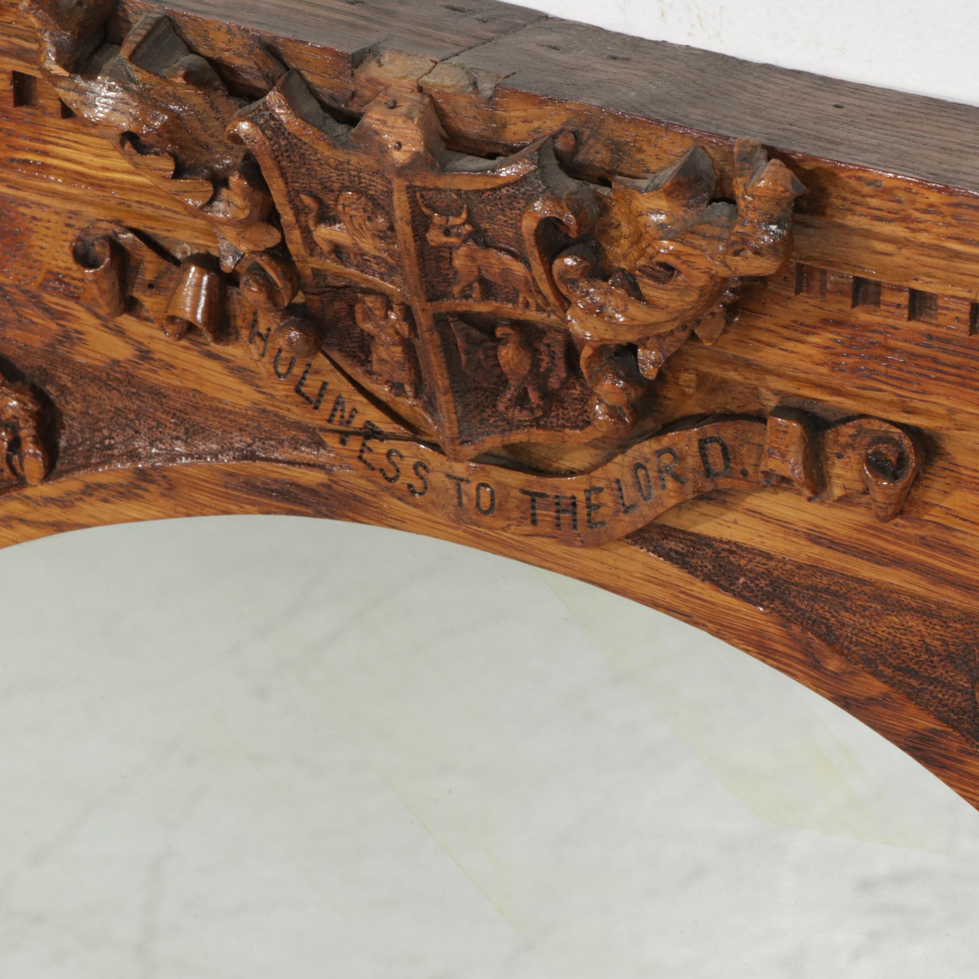 Victorian Carved Oak Wall Mirror with Biblical Tetramorph Coat of Arms