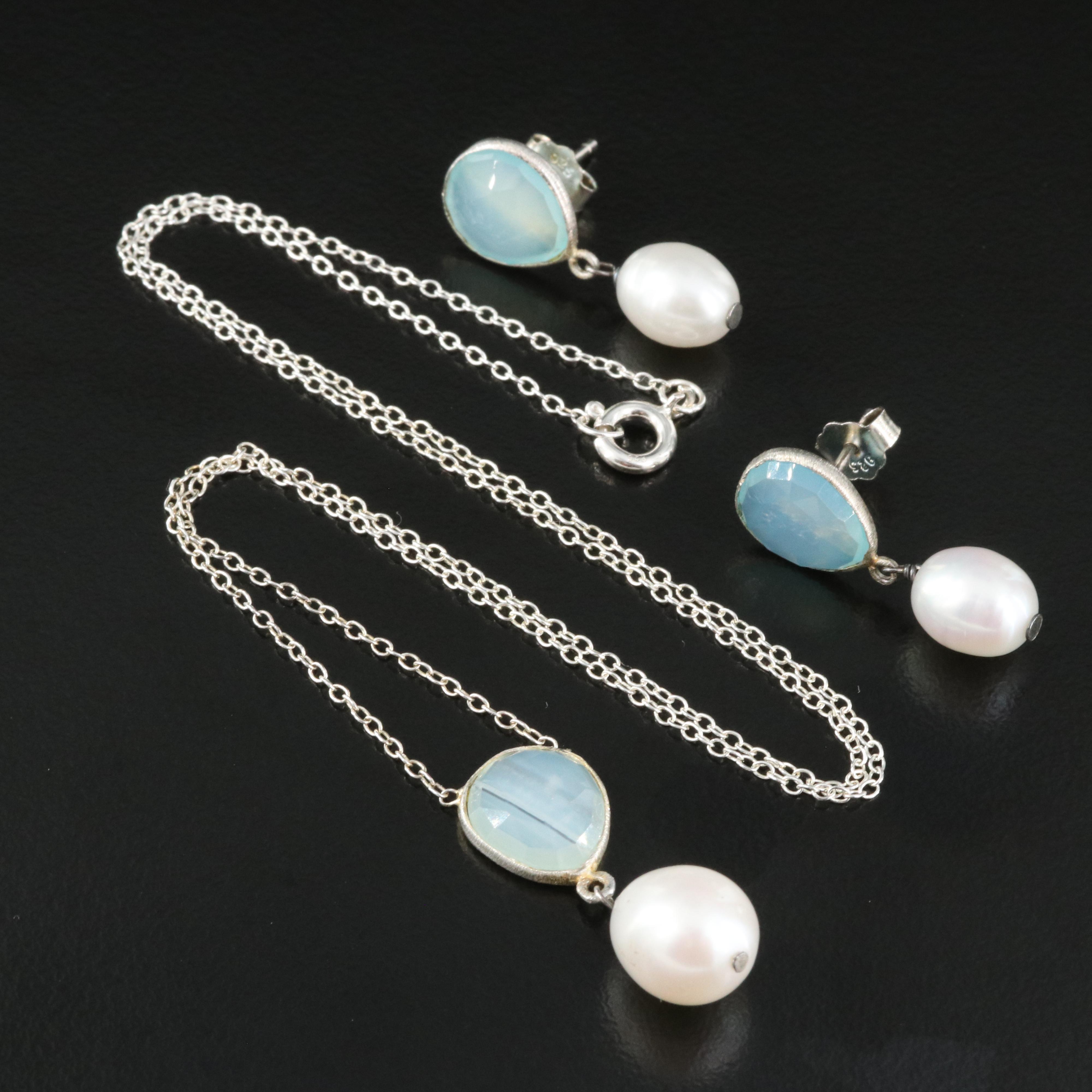 Sterling Chalcedony and Pearl Necklace and Earring Set
