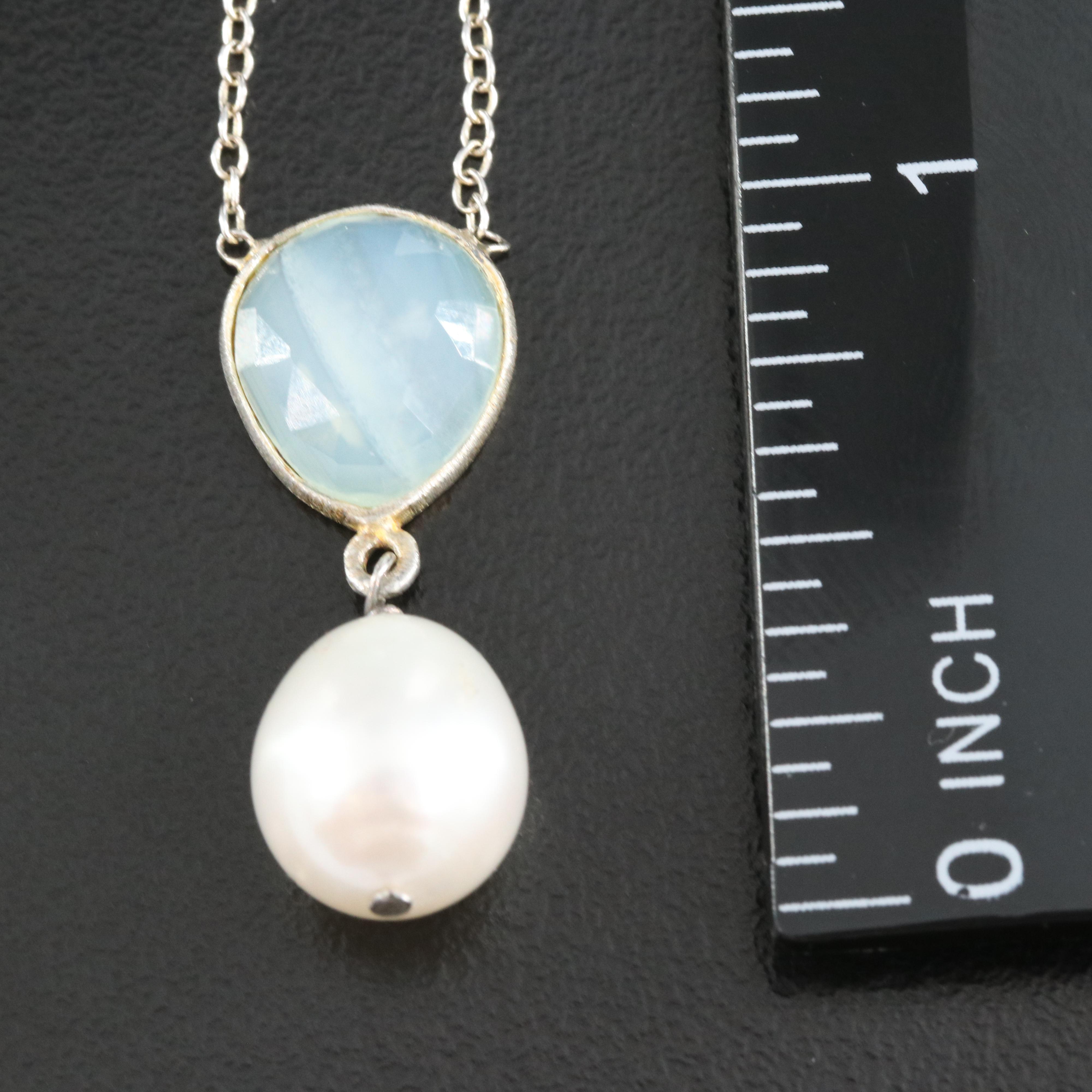 Sterling Chalcedony and Pearl Necklace and Earring Set