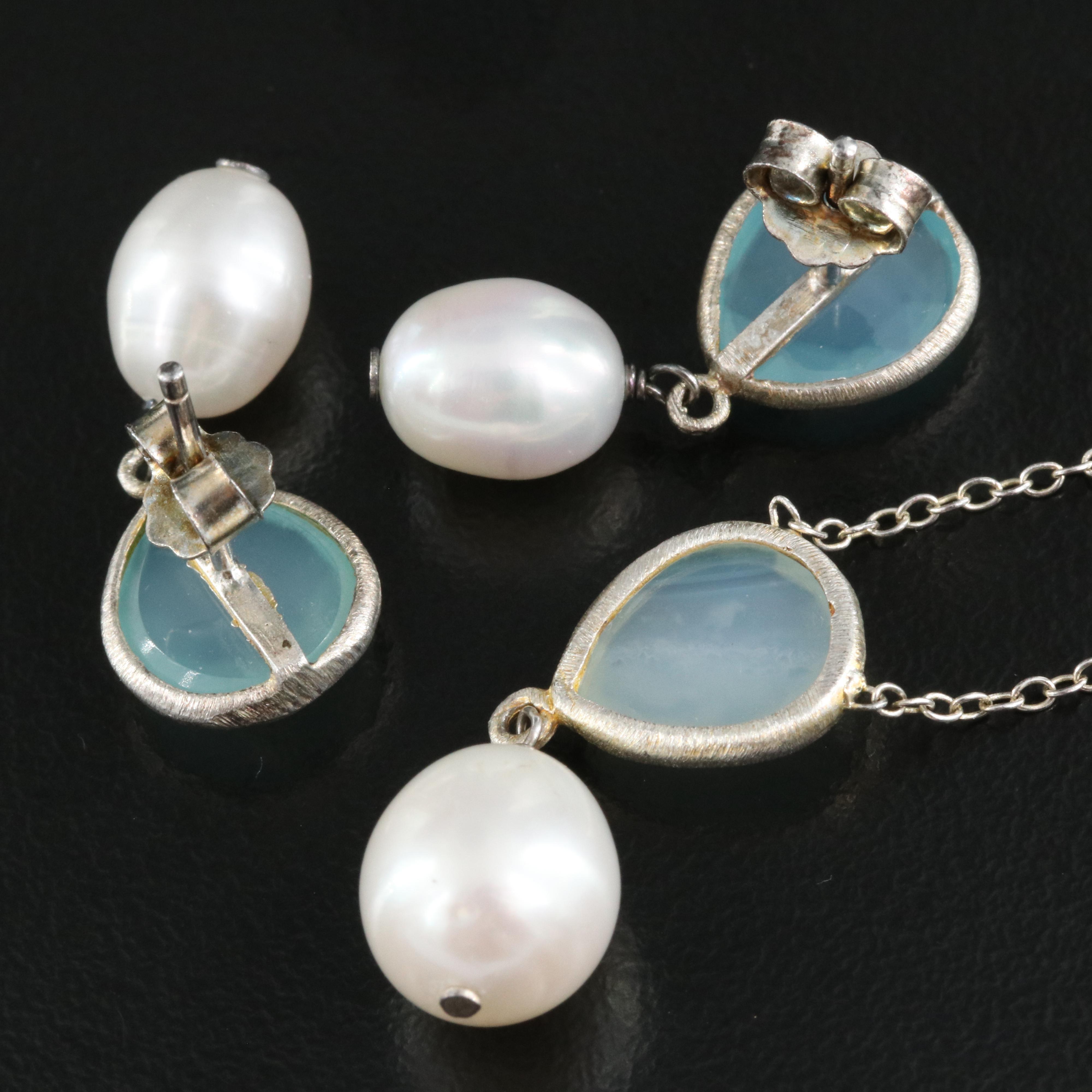 Sterling Chalcedony and Pearl Necklace and Earring Set