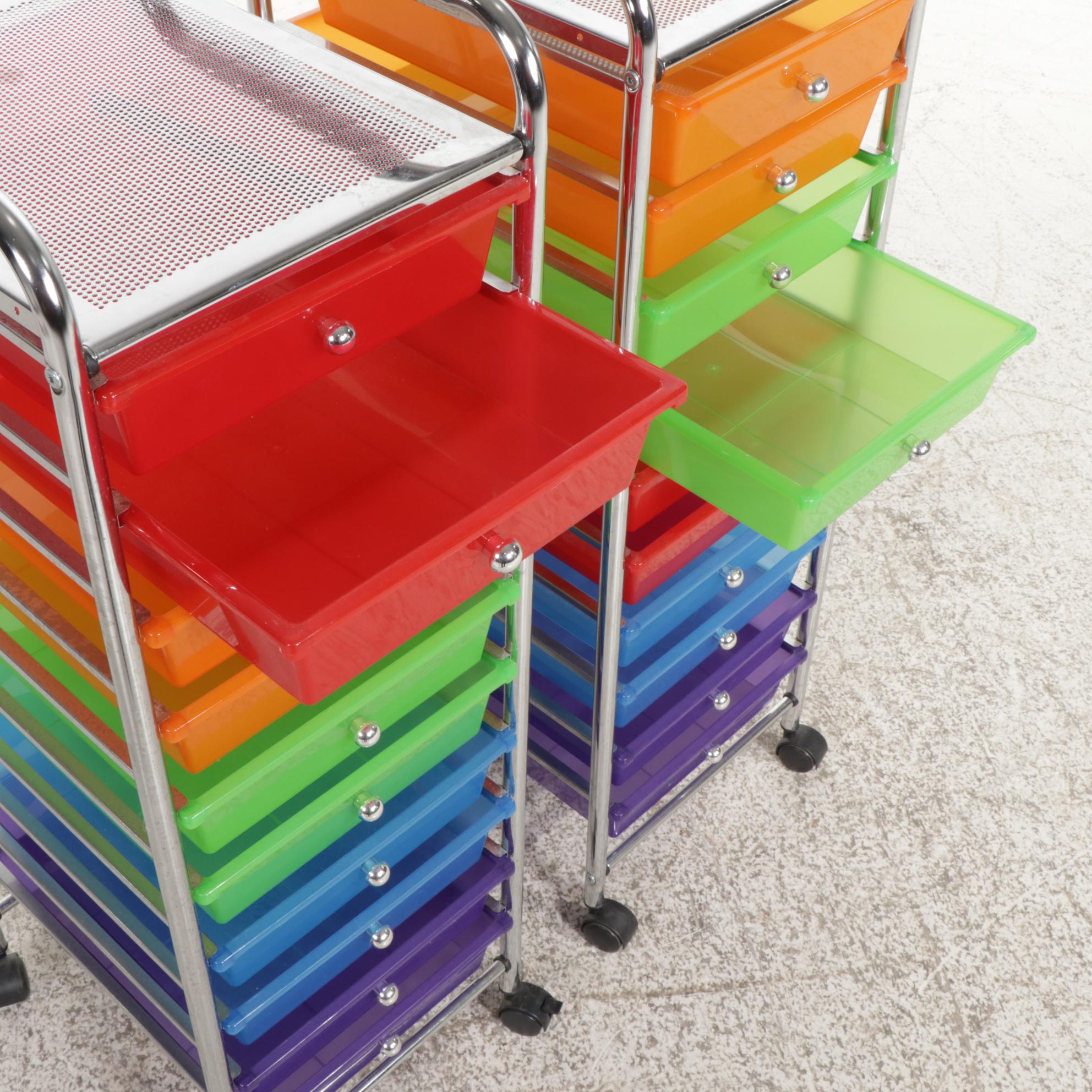 Pair of Contemporary Rolling Storage Racks with Rainbow Colored Drawers